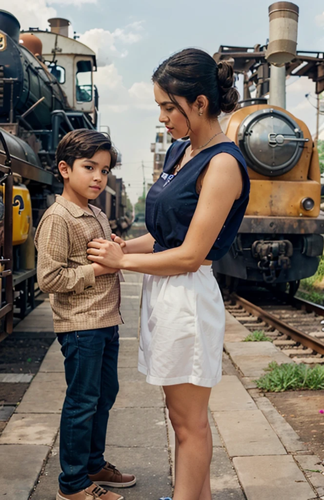 a mother holding her son with a locomotive approaching to the left and behind them, standing on an old passenger train waiting platform, estilo Disney/Pixar, altos detalhes