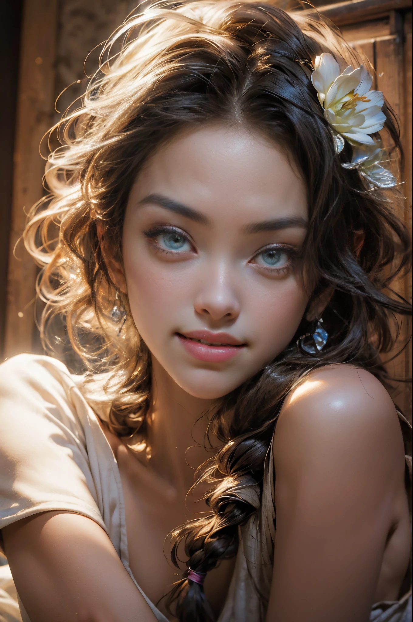 melancholy lighting, Quiet, chill out, luminance, tmasterpiece, Best quality, 1 sister, (Kim Kroll:1.2), (hyper realisitc:1.3), (tmasterpiece:1.4), Best quality, ((actual)), high high quality, ultra - detailed, ((Authentic images)), ((Realistic skin)), ((Realistic face)),(illuminations:1.05), (The beautiful:1.05), (beautidful eyes:1.05), (电影灯光:1.1), Full body lesbian, Precise proportions, 18yo Girl, Thin model lying next to bed, SHORT BLONDE hair fluttering in the wind, gossamer, legs long, Open your feet slightly, Gluteus, The face is red, Very shy, 鎖骨, Abs, Double up braid, Beautiful and delicate face, Fair skin, dermiace details), pores, 超高分辨率, 8K, Parameters Best quality, tmasterpiece, 超高分辨率, (Reality 2.0), higher detailed, delicate skin, cleanness, Hefty Smile, white teeth, short blonde curly hair, perfect and well designed eyes, girlfriend, The beautiful, The beautiful, blossom flower, Studio lighting