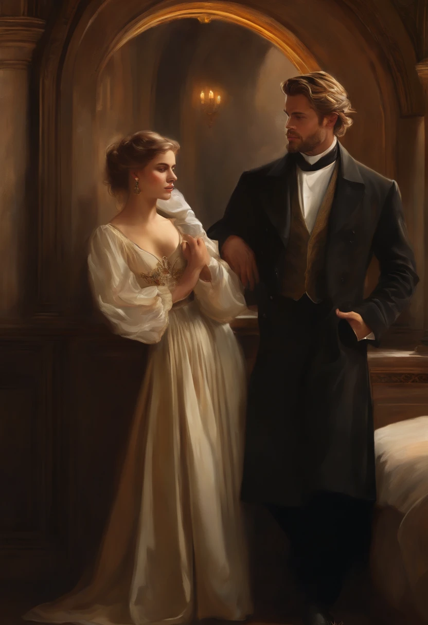 Painting of a Man, Priest, handsome and masculine, ((with long, falling over his shoulders)) with a Priest's cassock, ((Duke, from the Victorian Era)), ((Chris Hemsworth style)), in the background of a Paris brothel, Bowater art style, baroque digital painting, renaissance digital painting, masterpiece! inspired by Franz Xaver Winterhalter, inspired by Friedrich von Amerling, beautiful character painting, beautiful digital painting, inspired by Thomas Lawrence, beautiful yywater painting, refraction, reflections, mirrors, prisms, sunlight, bright lights!! Complex, elegant, highly detailed digital painting, art station, concept art, sharp and soft focus, illustration, art by ( ( ( ( Artgerm ) ) ) ) and ( Greg Rutkowski )! and (((Alphonse Mucha))), looking at the camera, eyes reflecting into infinity