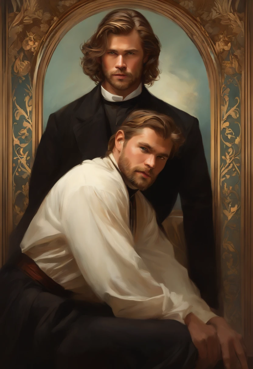 Painting of a Man, Priest, handsome and masculine, ((with long, falling over his shoulders)) with a Priest's cassock, ((Duke, from the Victorian Era)), ((Chris Hemsworth style)), in the background of a Paris brothel, Bowater art style, baroque digital painting, renaissance digital painting, masterpiece! inspired by Franz Xaver Winterhalter, inspired by Friedrich von Amerling, beautiful character painting, beautiful digital painting, inspired by Thomas Lawrence, beautiful yywater painting, refraction, reflections, mirrors, prisms, sunlight, bright lights!! Complex, elegant, highly detailed digital painting, art station, concept art, sharp and soft focus, illustration, art by ( ( ( ( Artgerm ) ) ) ) and ( Greg Rutkowski )! and (((Alphonse Mucha))), looking at the camera, eyes reflecting into infinity