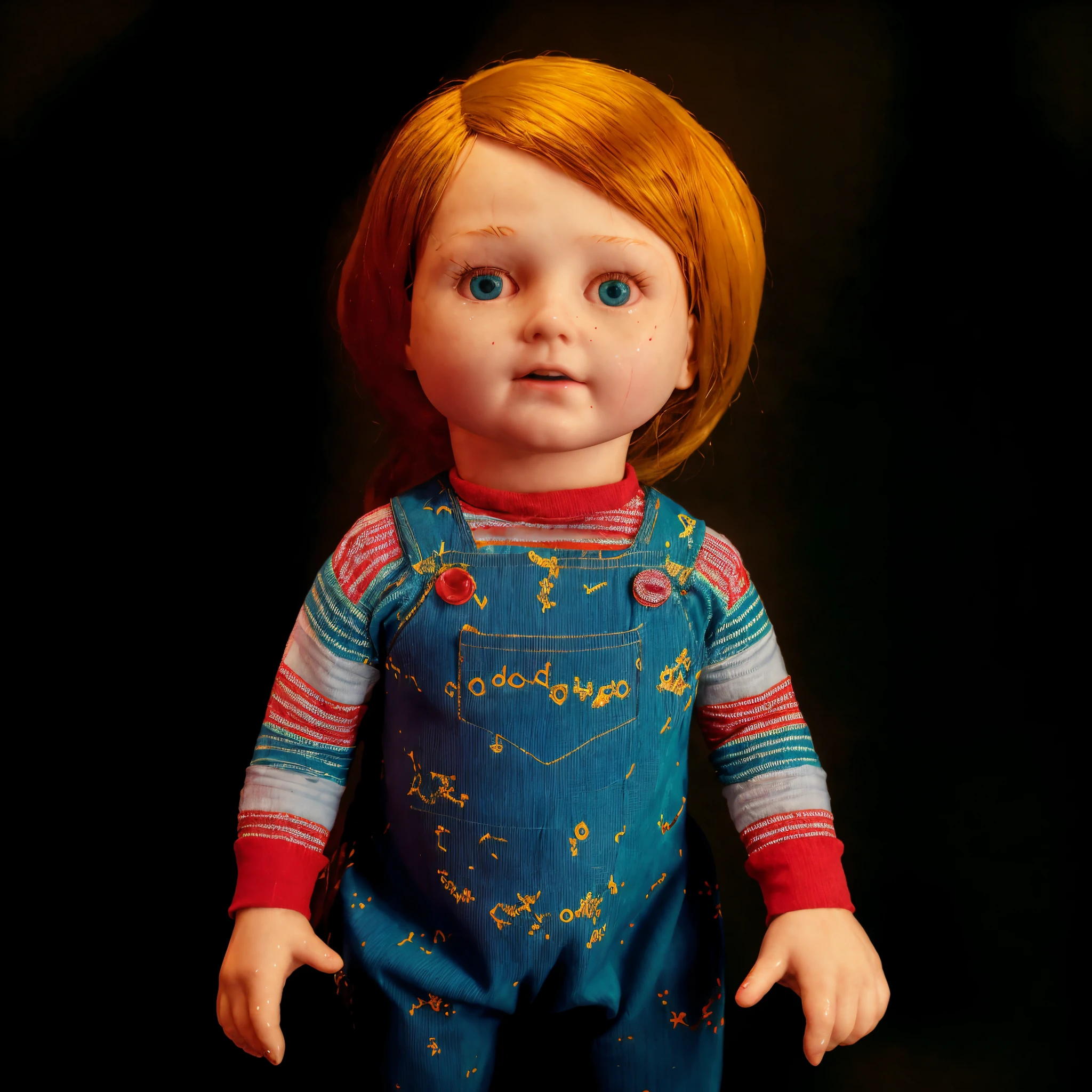 Subject: An antique porcelain doll with a cracked, hollow face, lifeless eyes, standing dustily in a dimly lit attic. The doll's clothes are old and tattered, a striped t-shirt and a dark blue jumpsuit. The attic is empty and a doll box is left behind. The image must be a photograph, capturing the doll's eerie presence in its spooky environment. The camera shot is a close-up, focusing on the doll's face and its unsettling expression. Use a 50mm lens to capture the details and emphasize the doll's features. The lighting is a mix of soft ambient light and shadows, creating a sense of mystery and dread. The resolution must be 4K to capture the doll's intricate details and the atmosphere of the attic."