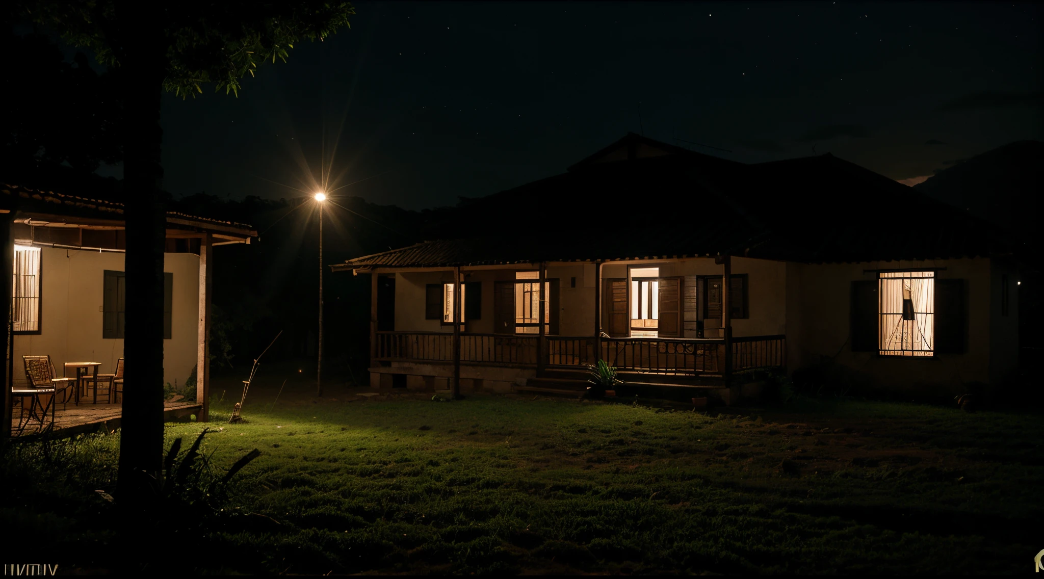 Paisagem rural do interior do Brasil, em um dia chuvoso, noite, nada de luz, mood lighting, sem lua, casa ao fundo, UHD, HDR