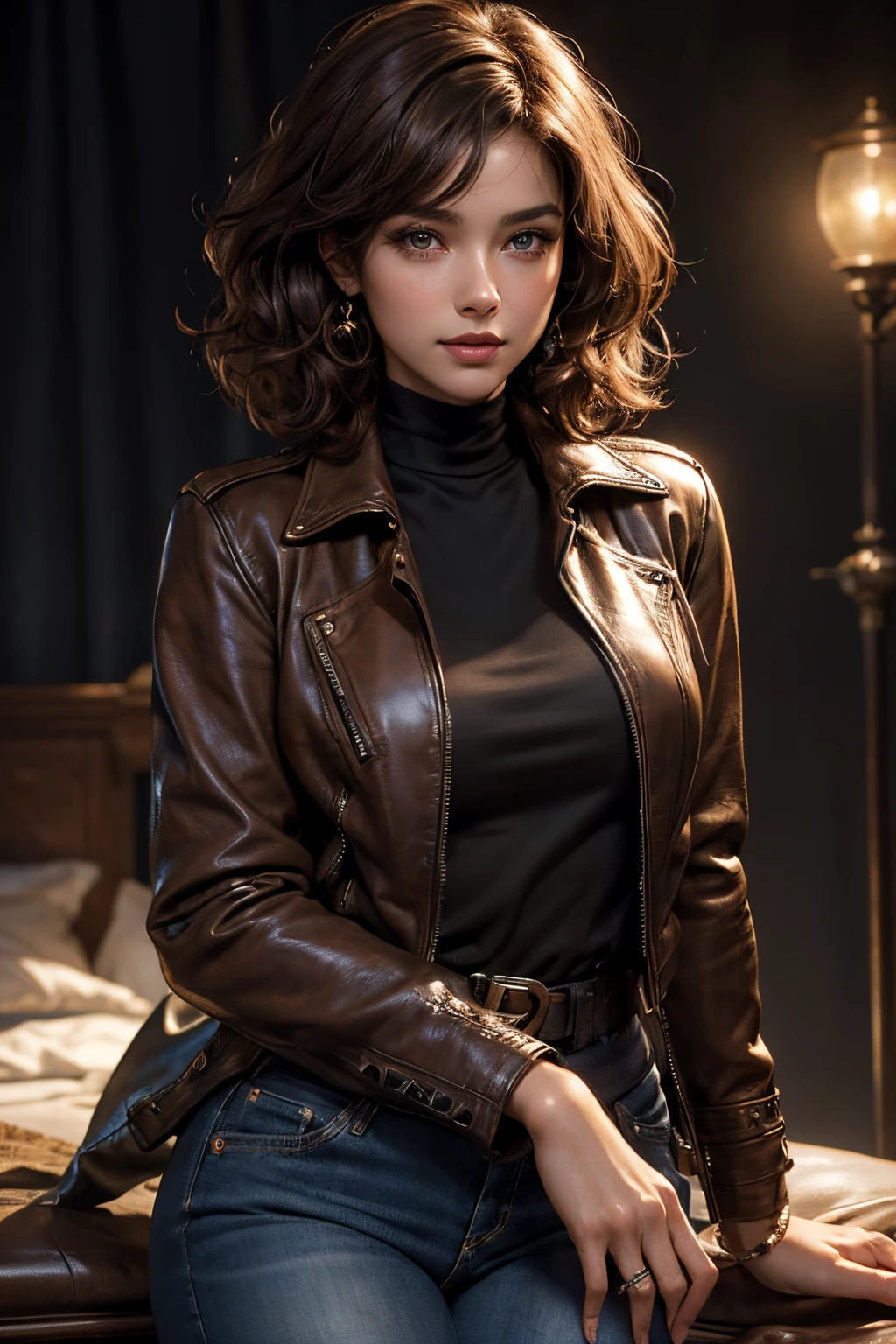 close-up on the face, blurred background. Breathtaking cinematic photo of a 30 year old girl with brown hair and eyes, happy face, smile, cheerful, content, beautiful teeth (brown leather jacket, black clothes, black dress shirt, shirt, jeans) beautiful lips, intricate details, shallow depth of field, highly detailed, high-budget Hollywood film, epic, beautiful, masterpiece, award-winning, professional, highly detailed, detailed skin texture, (blush: 0.5), (goosebumps: 0, 5). (the most beautiful woman in the world) (brown hair) (short curly hair, unruly hair, stylish cut) thin face, thin nose, beautiful, very beautiful, perfect face, slender body (slender), (brown hair) (brown eyes) (white skin) Beautiful body, western face, predatory eyes, pink lips, thick thighs. full body, western beauty, thin nose, beautiful, perfect, ((best quality)), ((ultra resolution)), ((photorealistic: 1.4)), (intricate details), perfect face, makeup: 1.5 , clear face, facial details. Front view