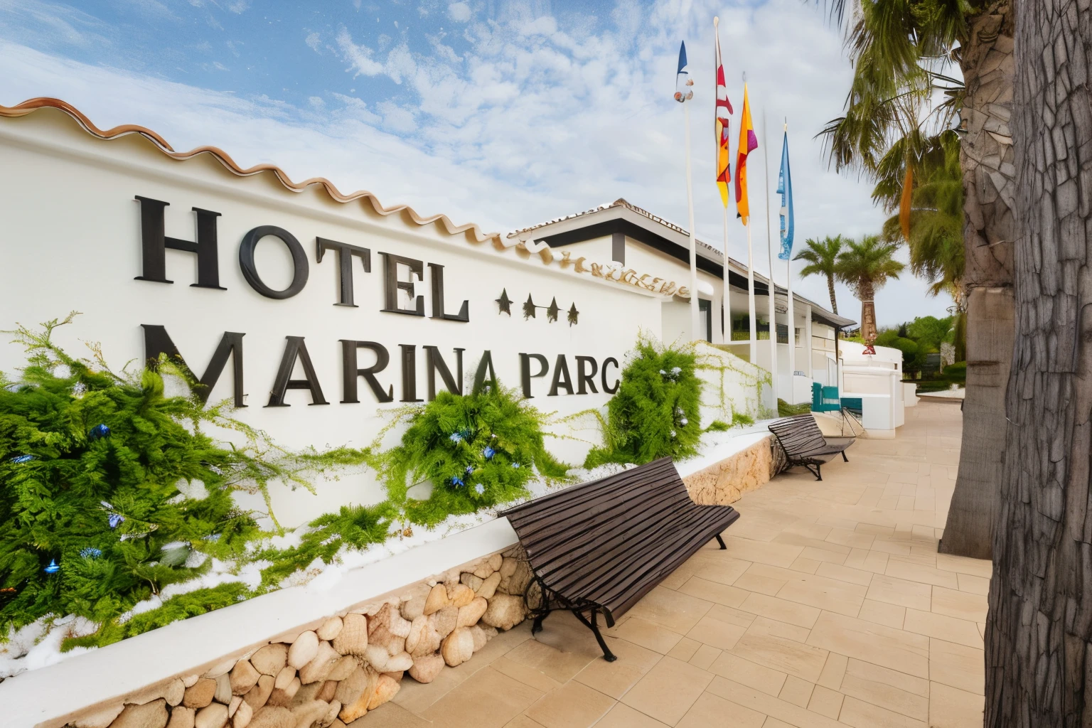 it's a picture of the entrance of a hotel, called hotel marina parc, I want to add Christmas trees, with garlands, snow, and everything that comes close to celebrating the new year.