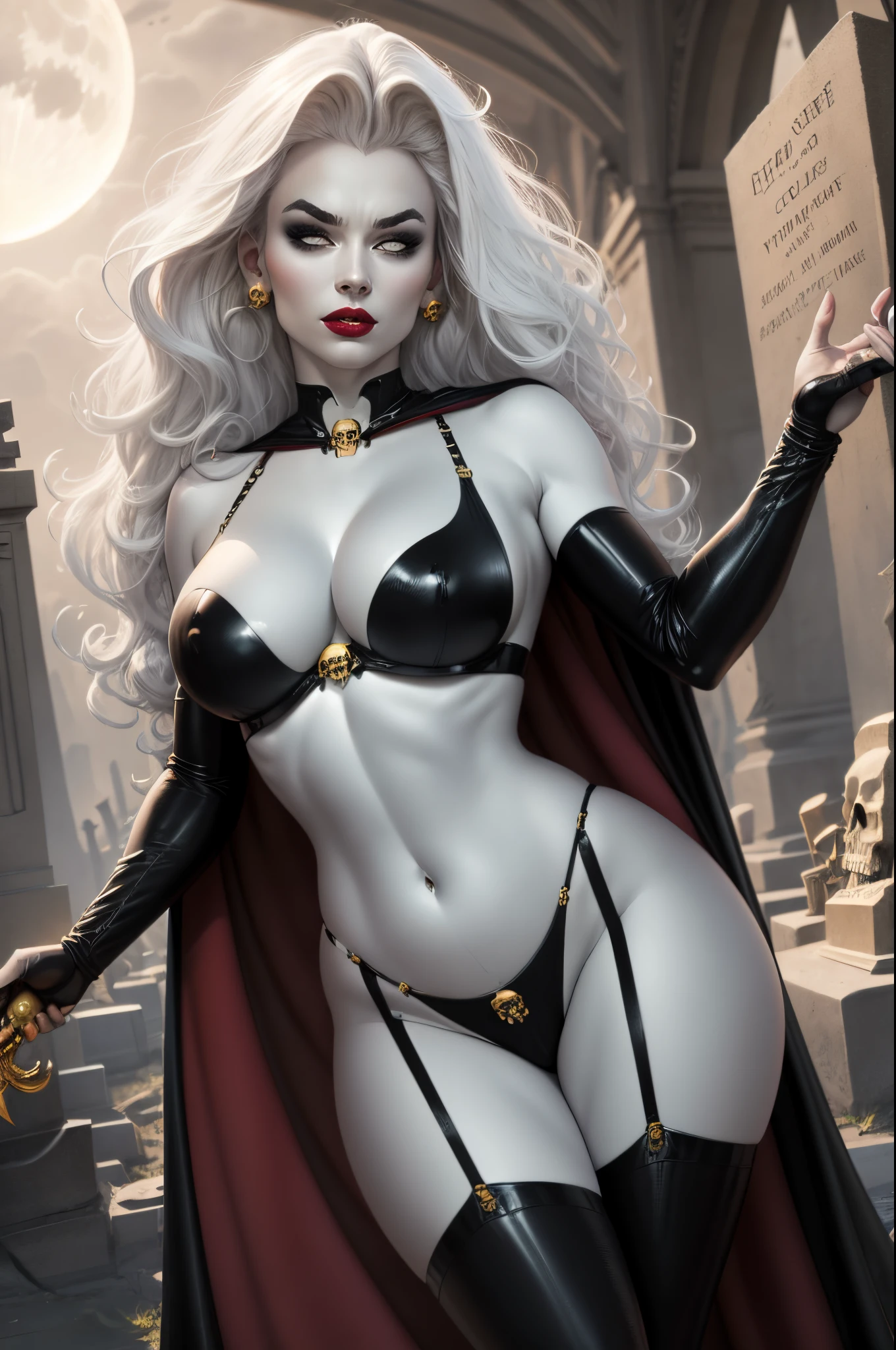 foreshortening,  CARTOON_lady_death_bikini_ownwaifu,.ownwaifu.com, angry, 
mascara, blank_eyes,long hair,breasts,white hair,makeup,colored skin,navel,lipstick,large breasts,wavy hair,white skin,lips,curly hair,red lips,very long hair,toned, narrow_waist, curvy,pale skin, thick_eyelashes, thick eyebrows, big hair, 
thighhighs,cape,cleavage,jewelry,earrings,garter straps,garter belt,gloves,piercing,red cape,blood,elbow gloves,armor,black legwear,collar,thong,black bikini,skull earrings, highleg, 
 official art,extremely detailed CG unity 8k wallpaper, perfect lighting,Colorful, Bright_Front_face_Lighting,shiny skin, (masterpiece:1.0),(best_quality:1.0), ultra high res,4K,ultra-detailed, photography, 8K, HDR, highres, (absurdres:1.2), Kodak portra 400, film grain, blurry background, (bokeh:1.2), lens flare, (vibrant_color:1.2),professional photograph, (beautiful_face:1.5) graveyard at night, cemetary, full moon, sexy