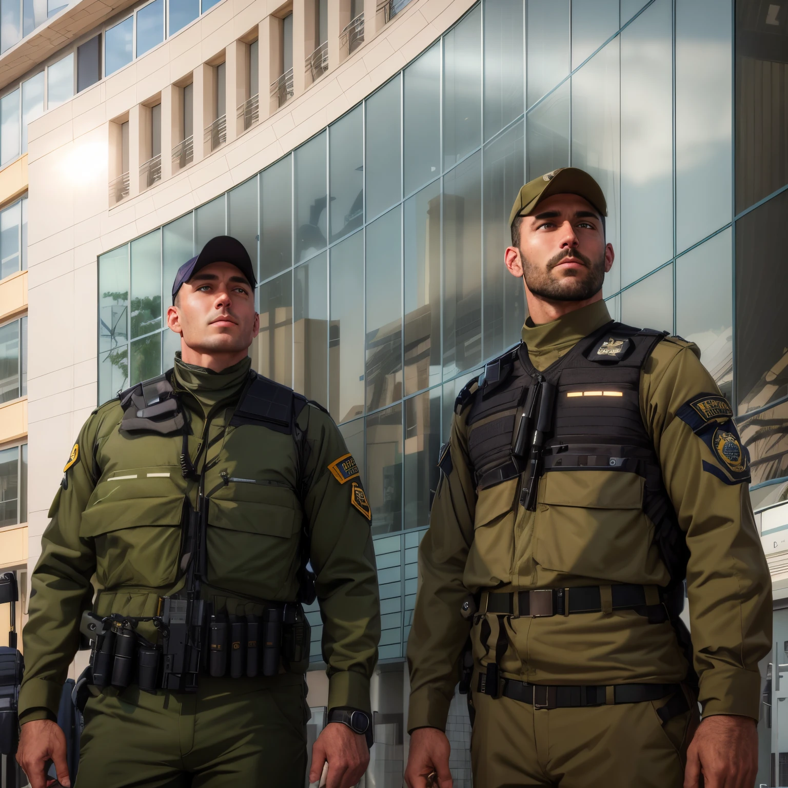 Two men in military uniform stand in front of a building, Police, security, Security Agent, Special Forces Protection, Rhox Safety, Guards, Ao fundo, The police, mid - shot, mid-shot, Security guard, Wearing a police uniform, award - winning, Award-winning, AFP, Professional, police uniform, TIME, Excellent appearance, outfit: blow