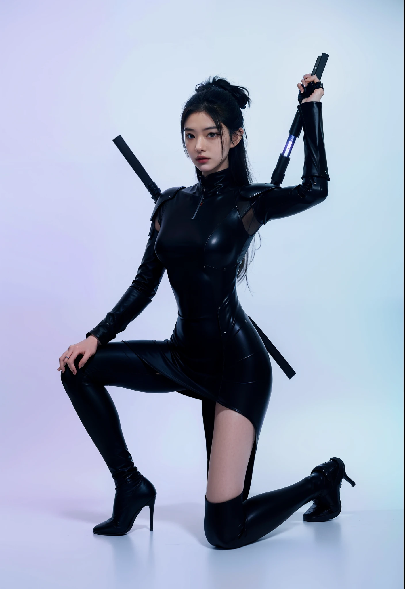 Fantasy cyberpunk world,1 Mechanical Miracle,Robots defend world order;Samurai mechanical armor,Equip transparent weapons,Streamlined black and red design,wearing in black cloak,A big part of a 1-person robot,Art of the highest quality,8K ultra-high resolution,动态照明,cinematic splendor,vivd colour,Wearing a cyberpunk space helmet,Luminous mechanical protective mask,Future high-tech tactical helmet