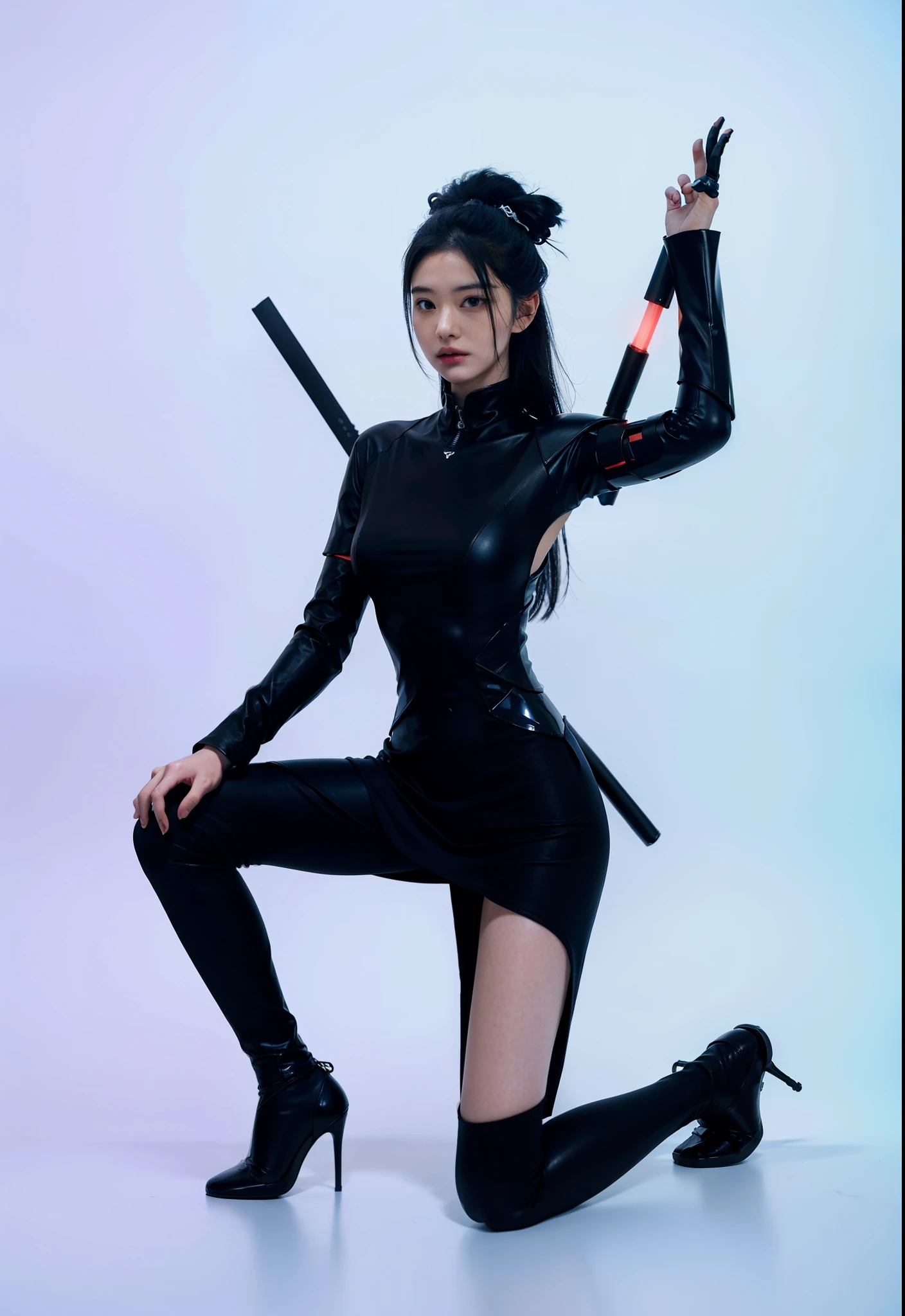 Fantasy cyberpunk world,1 Mechanical Miracle,Robots defend world order;Samurai mechanical armor,Equip transparent weapons,Streamlined black and red design,wearing in black cloak,A big part of a 1-person robot,Art of the highest quality,8K ultra-high resolution,动态照明,cinematic splendor,vivd colour,Wearing a cyberpunk space helmet,Luminous mechanical protective mask,Future high-tech tactical helmet