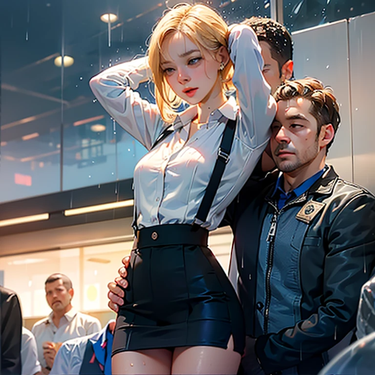 (Masterpiece, best quality, illustration). (Passenger crowded train station:1.2, extreme high details, overwhelming crowd). (( raining inside:1.1, men standing behind groping woman breasts:1.6 )), wearing white silk open shirt, loose short skirt, glasses, black suspenders stockings, ash blonde hair, very small breasts, thigh gap, slim waist, thigh definition, mole under lips, soft skin, shining skin, slimy liquid over body, wet clothes, open mouth, feeling ecstasy, (arms up, arms behind head). (Ambient lighting:0.2, under exposure:1.8, UHD).