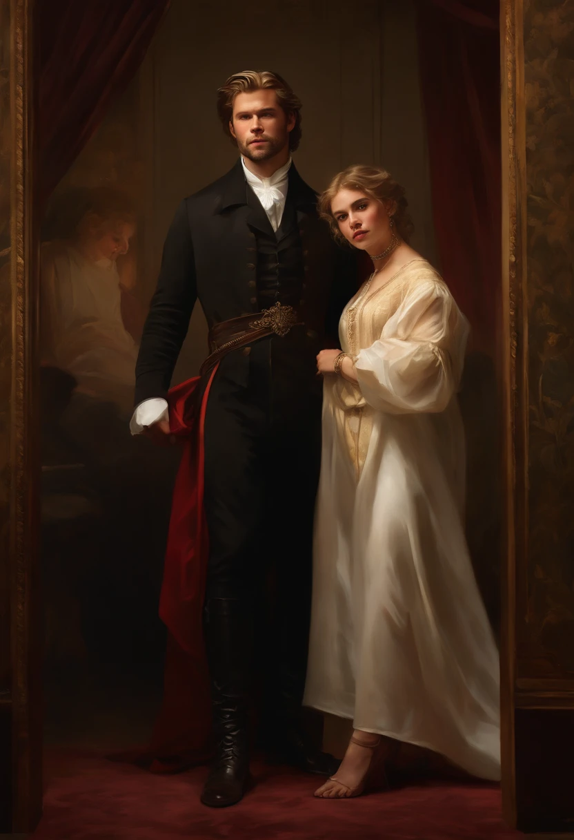 Painting of a Man, handsome and masculine, ((with long, falling over his shoulders)) with a Priest's cassock, ((Duke, from the Victorian Era)), ((Chris Hemsworth style)), in the background of a Paris brothel, Bowater art style, baroque digital painting, renaissance digital painting, masterpiece! inspired by Franz Xaver Winterhalter, inspired by Friedrich von Amerling, beautiful character painting, beautiful digital painting, inspired by Thomas Lawrence, beautiful yywater painting, refraction, reflections, mirrors, prisms, sunlight, bright lights!! Complex, elegant, highly detailed digital painting, art station, concept art, sharp and soft focus, illustration, art by ( ( ( ( Artgerm ) ) ) ) and ( Greg Rutkowski )! and (((Alphonse Mucha))), looking at the camera, eyes reflecting into infinity