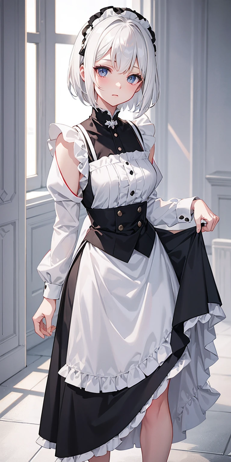white hair、Short hair、Maid in a long skirt、Akame、a girl solo、Standing Picture、Vtuber