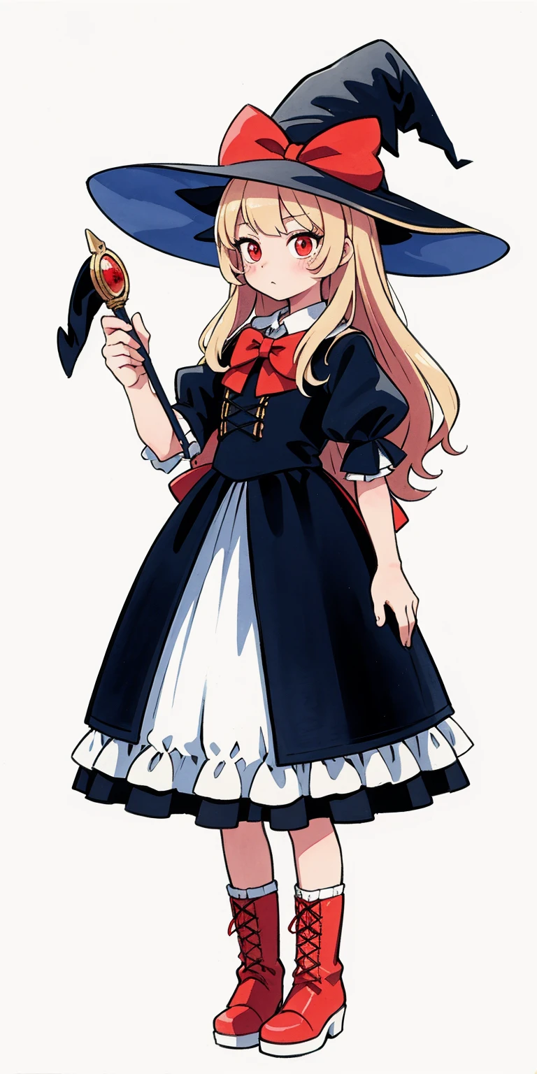 best quality,masterpiece,traditional media, marker_\(medium\),paintinedium\),watercolor_\(medium\),_background,1girl,witch,solo, full body,long hair, blonde hair, witch hat,red eyes,puffy sleeves,white_bow,dress,red_footwear,bow, short sleeves,boots,