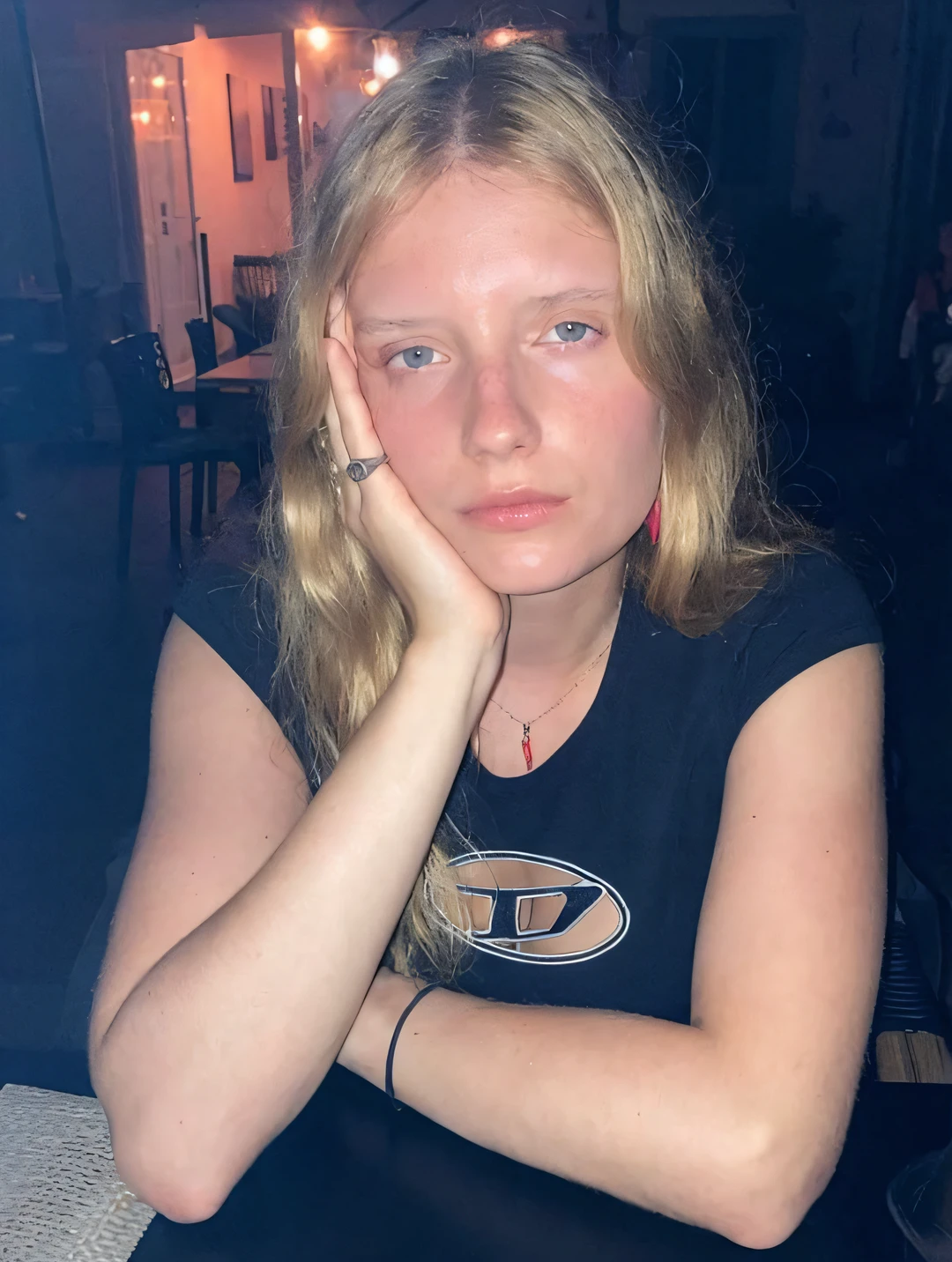 blond woman sitting at a table,19-year-old girl, remarkable detailed pupils, realistic dull skin noise, skin fuzz, dry skin, (goosebumps:0.5),facial skin fuzz,Ultra High Definition Face, Ultra High Definition Eyes, Ultra High Definition Skin, detailed skin pores, complex eye details, Not perfect skin, intricate hair, real detailed skin texture