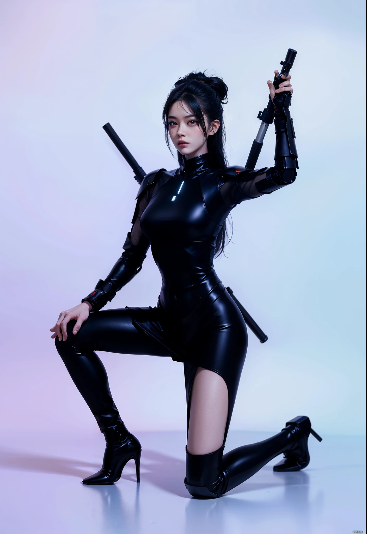 Fantasy cyberpunk world，1 Mechanical Miracle，Robots defend world order；Samurai mechanical armor，Equip transparent weapons，Streamlined black and red design，wearing in black cloak，A big part of a 1-person robot，Art of the highest quality，8K ultra-high resolution，动态照明，cinematic splendor，vibrant with colors，Wearing a high-tech steel suit，Wearing a cyberpunk space helmet，Luminous mechanical protective mask，High-tech tactical clothing of the future