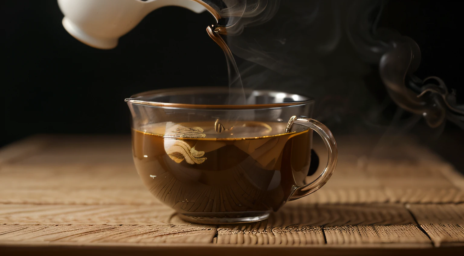 Imagem de (((oolong tea))), sendo colocado em um copo, with a kettle emitting smoke showing some of the ingredients it is made of, I really want clarity with every possible detail in this image.