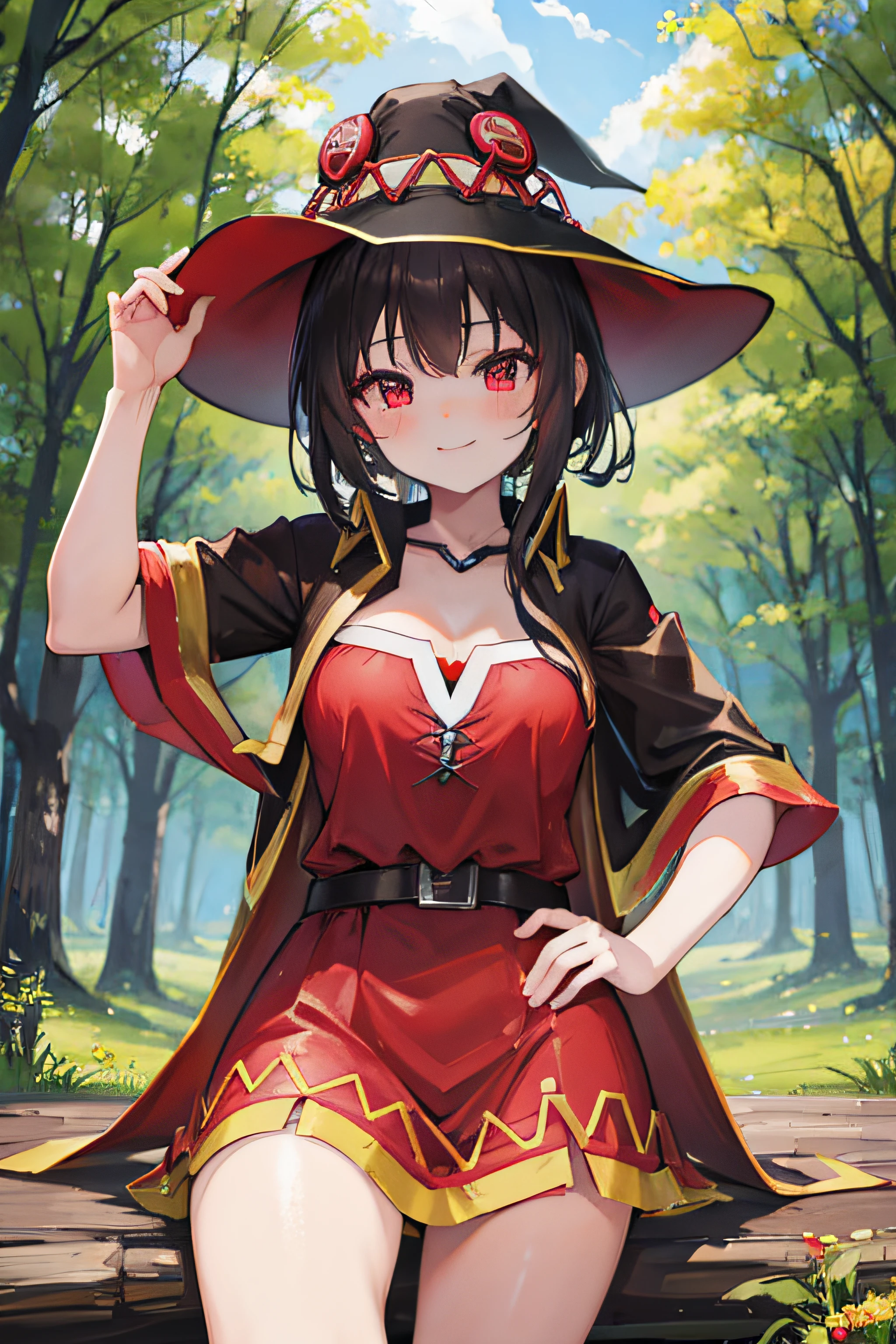 Megumin, ultrascharf, 8K, hight resolution, Smileing, Hirngespinst, Wald, 1girls, Blick auf den Betrachter