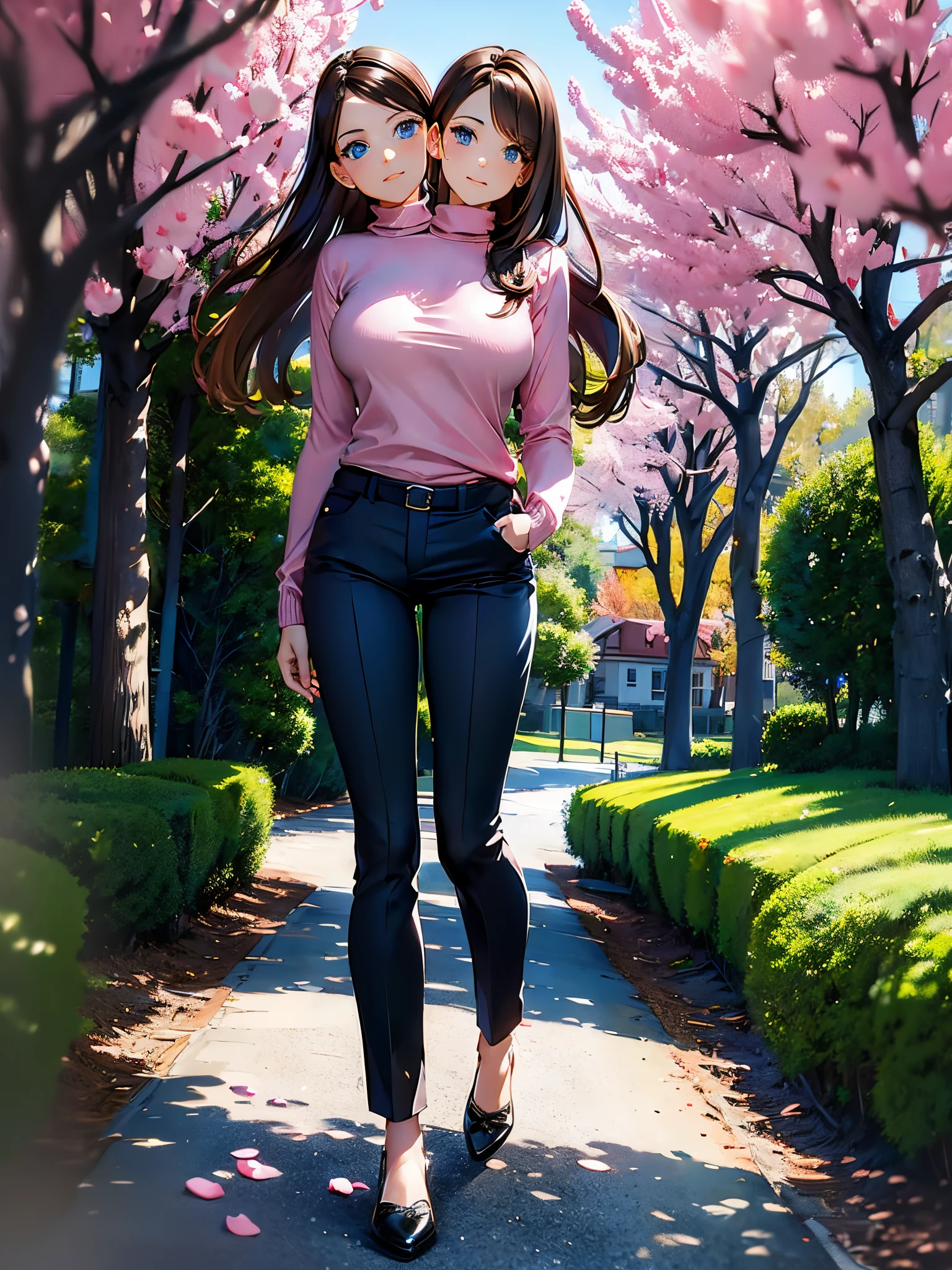 (masterpiece, best quality), best resolution, (2heads:1.5), 1girl, brown hair, blue eyes, left head looking left, pink turtleneck sweater, black long pants, walking along a park trail, half body shot, casual pose