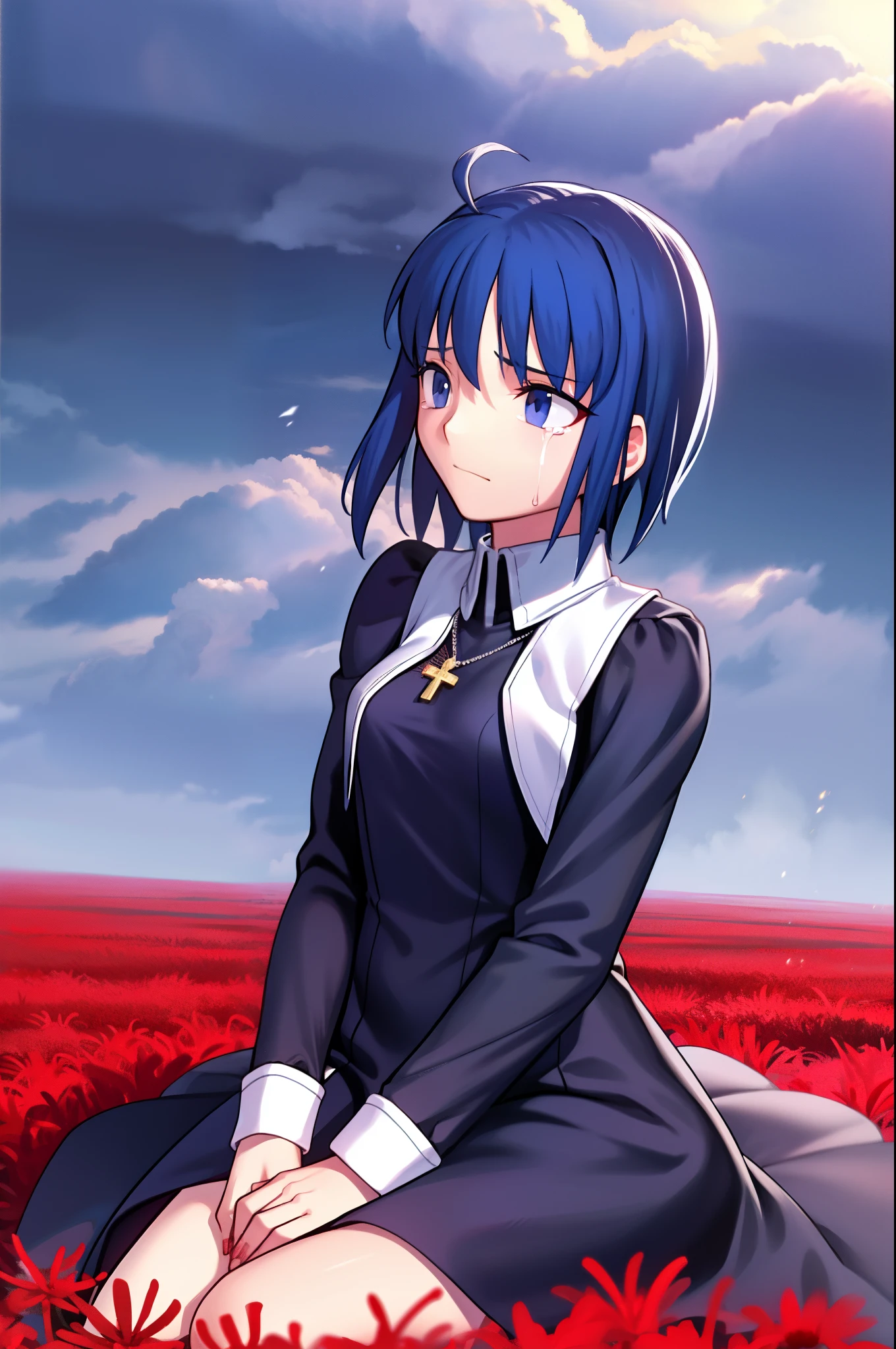 ciel_(tsukihime), Best quality, masterpiece, high resolution, 1girl, long sleeves black dress, blood, closed mouth,  cross, latin cross, crying, crying with eyes, fingernails, holding, holding cross, , looking away, looking up, own hands together, red flower, seiza, sitting, sky, solo, spider lily, tearing up, tears, white flower, white spider lily, own hands clasped, outdoors, praying, cowboy shot, looking at viewer, sad, standing, antenna hair, breasts, medium breasts, ahoge, cross necklace, nun, habit open, field, flower, flower field, light particles, cloud, cloudy sky,