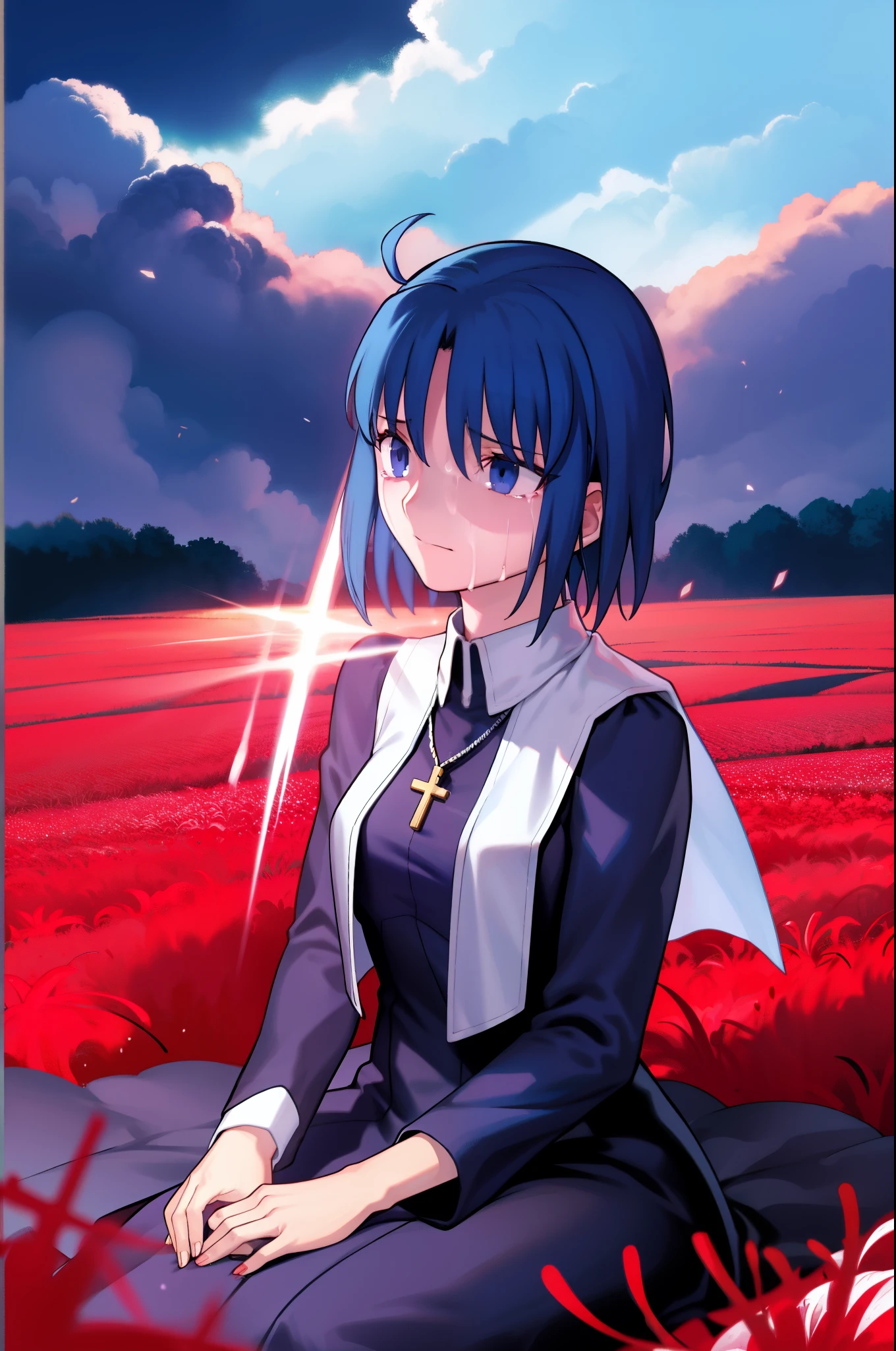 ciel_(tsukihime), Best quality, masterpiece, high resolution, 1girl, long sleeves black dress, blood, closed mouth,  cross, latin cross, crying, crying with eyes, fingernails, holding, holding cross, , looking away, looking up, own hands together, red flower, seiza, sitting, sky, solo, spider lily, tearing up, tears, white flower, white spider lily, own hands clasped, outdoors, praying, cowboy shot, looking at viewer, sad, standing, antenna hair, breasts, medium breasts, ahoge, cross necklace, nun, habit open, field, flower, flower field, light particles, cloud, cloudy sky,