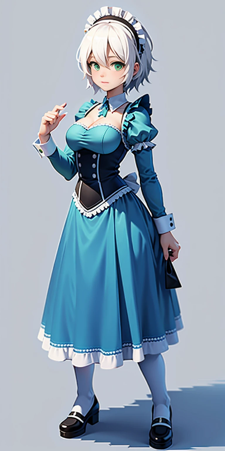 (masterpiece, top quality, best quality), pixel, pixel art, 1girl, full body, white hair, green eyes, blue maid dress