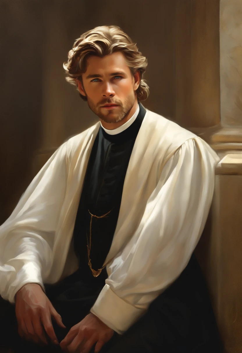 Painting of a Man, handsome and masculine, ((with long, falling over his shoulders)) ((with the cassock of a Victorian Era Priest)), ((Priest, from the Victorian Era)), (( a Priest)), ( (Chris Hemsworth style)), in the background of a Spanish church, Bowater art style, Baroque digital painting, Renaissance digital painting, masterpiece! inspired by Franz Xaver Winterhalter, inspired by Friedrich von Amerling, beautiful character painting, beautiful digital painting, inspired by Thomas Lawrence, beautiful yywater painting, refraction, reflections, mirrors, prisms, sunlight, bright lights!! Complex, elegant, highly detailed digital painting, art station, concept art, sharp and soft focus, illustration, art by ( ( ( ( Artgerm ) ) ) ) and ( Greg Rutkowski )! and (((Alphonse Mucha))), looking at the camera, eyes reflecting in infinity