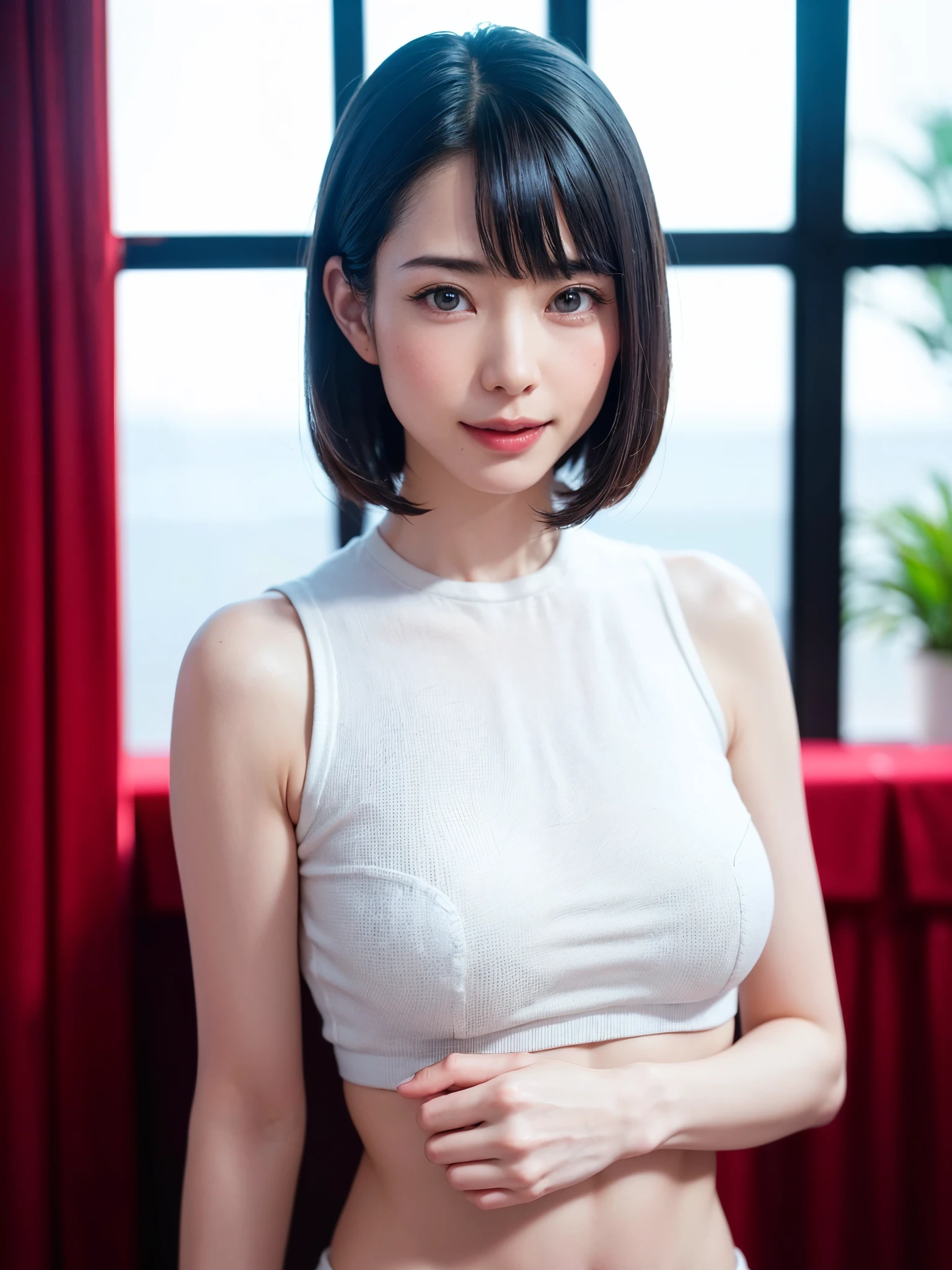 (masutepiece, top-quality、face focus focus、Armpit focus、navel focus、decolletage focus、underboob、Very attractive beauty、Add intense highlights to the eyes、Look firmly at the camera:1.4、A beautiful woman full of charm、Ideal ratio body proportions、Perfect Anatomy、Brunette Short Bob Hair、Lustrous hair、bangss:1.4、46 point shiny bangs:1.4、lipgloss),1girl in, report, Light brown shiny hair, muffler,realisitic, looking at the viewers、Tilt your head slightly, Bright colored crystal light blue eyes, short shiny hair、 White turtleneck outfit with a hole in the center of the chest,Sexy white turtleneck knit sweater with a round hole in the middle of the chest、 s lips, lipgloss, The upper part of the body、big eye、Lashes、A little red in the face、Embarrassing)、((Italian winter window scenery))、((short hair with big eyes、Put very strong highlights in your students、{Gigantic|Big|Huge|Mega} breasts:1.4、beautiful deep valley、very Bigger breasts:1.4、gazing at viewer、Very beautiful beauty、Put your ears out、Long and beautiful Zhu Lake 1.4、、smil、Happy:1.4、Beautiful teeth、Open your mouth and laugh、Very cute smile、Heart-shaped pupil))、28 year old、Very cute supermodel、(((bangss、shiny bangs)))