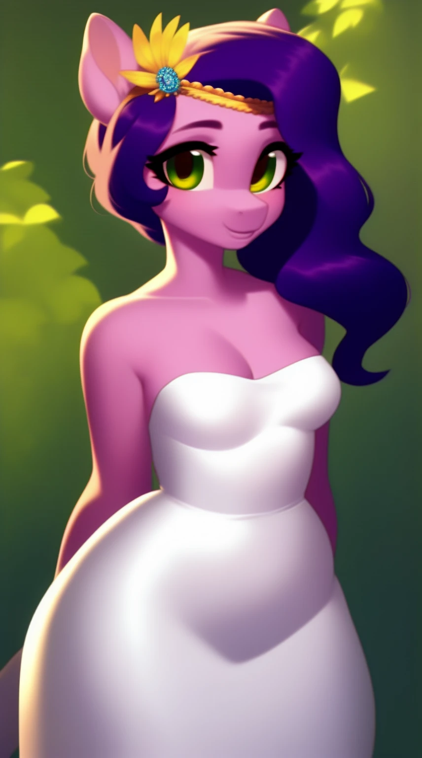 (Derpibooru_p_95)(score_9), (source_pony), (solo), (pegasus), ((anthro pipp petals :1.1)), (strapless bodycon dress), sexy, nervous , long hair, anatomically correct, night garden, standing near fountain, small breasts, half body, anime art style, solo, light purple fur, green eyes, arms behind back, hourglass figure, curvy, wide hips, plump body, young, short, chubby, cute, high res, thick thighs,