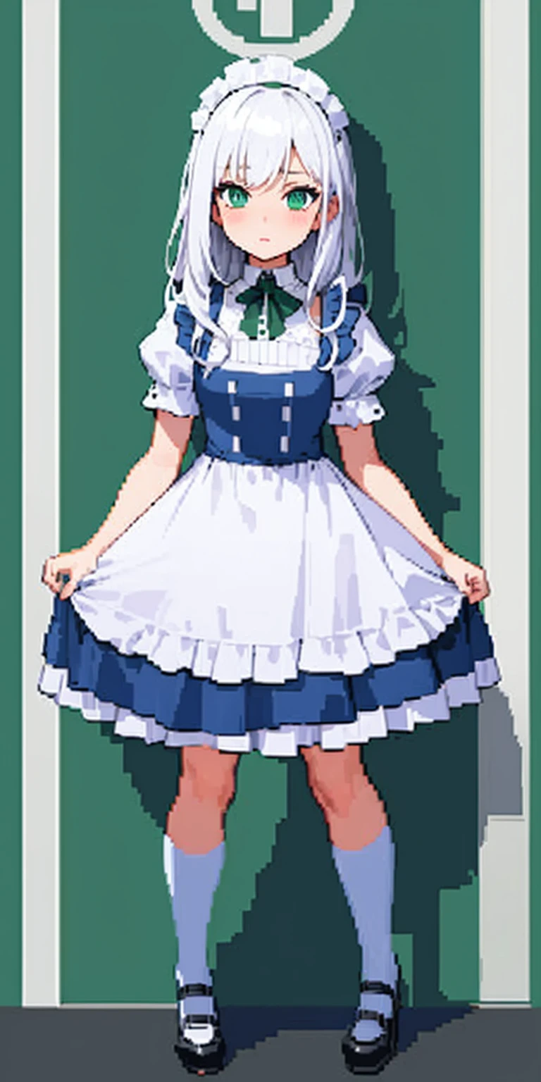 (masterpiece, top quality, best quality), pixel, pixel art, 1girl, full body, white hair, green eyes, blue maid dress
