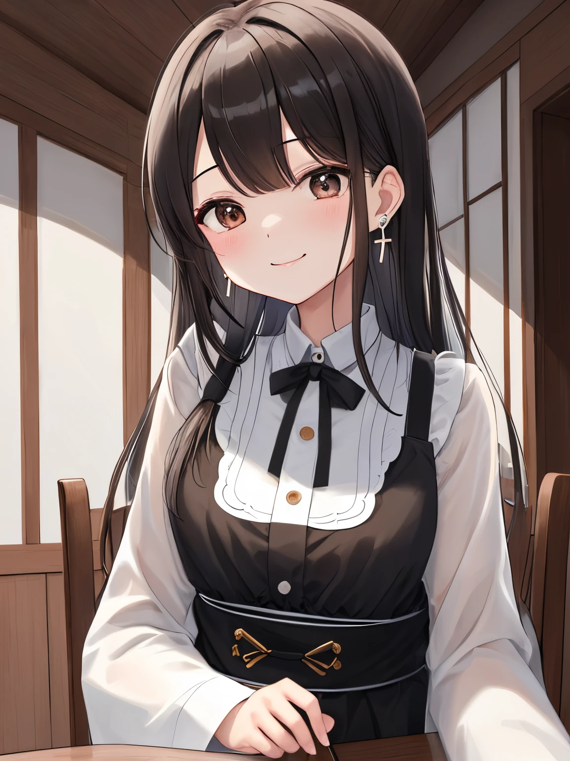 (masuter piece:1.2、top-quality)、(Real Photographics、intricate-detail)、独奏、10 generations、Home、facial close-up、The shirt、(Front Focus)、Large round earrings、looking at me、bangss、A slight smil