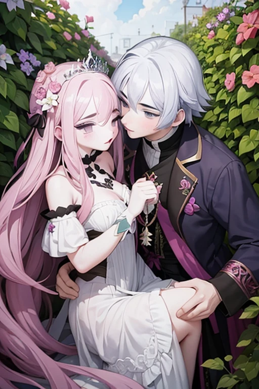 A pink haired queen with violet eyes is kissing a white haired king with red eyes in the garden