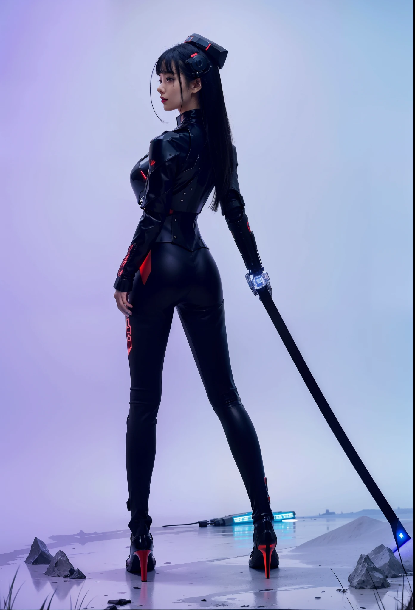 Fantasy cyberpunk world，1 Mechanical Miracle，Robots defend world order；Samurai mechanical armor，Equip transparent weapons，Streamlined black and red design，wearing in black cloak，A big part of a 1-person robot，Art of the highest quality，8K ultra-high resolution，动态照明，cinematic splendor，vibrant with colors，Wearing a cyberpunk space helmet，Luminous mechanical protective mask，Future high-tech tactical helmet