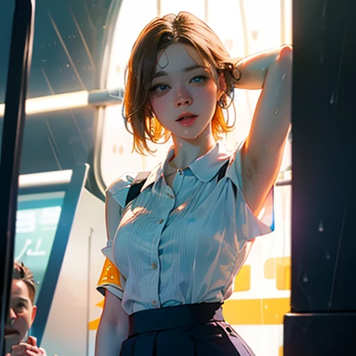 (Masterpiece, best quality, illustration). (Passenger crowded train station:1.2, extreme high details, overwhelming crowd). (( raining inside:1.1, 1man standing behind groping woman (reyna) :1.6 )). Reyna wearing white silk open shirt, loose short skirt, glasses, black suspenders stockings, ash blonde hair, very small breasts, thigh gap, slim waist, thigh definition, mole under lips, soft skin, shining skin, slimy liquid over body, wet clothes, open mouth, feeling ecstasy, (arms up, arms behind head). (Ambient lighting:0.2, under exposure:1.8, UHD).