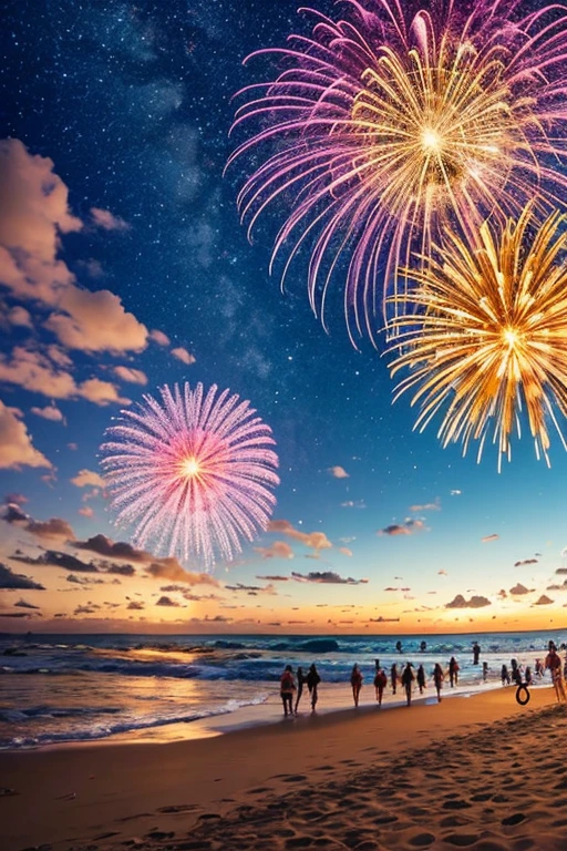 festa de ano novo na praia de noite, fogos de artificial, festival de cores