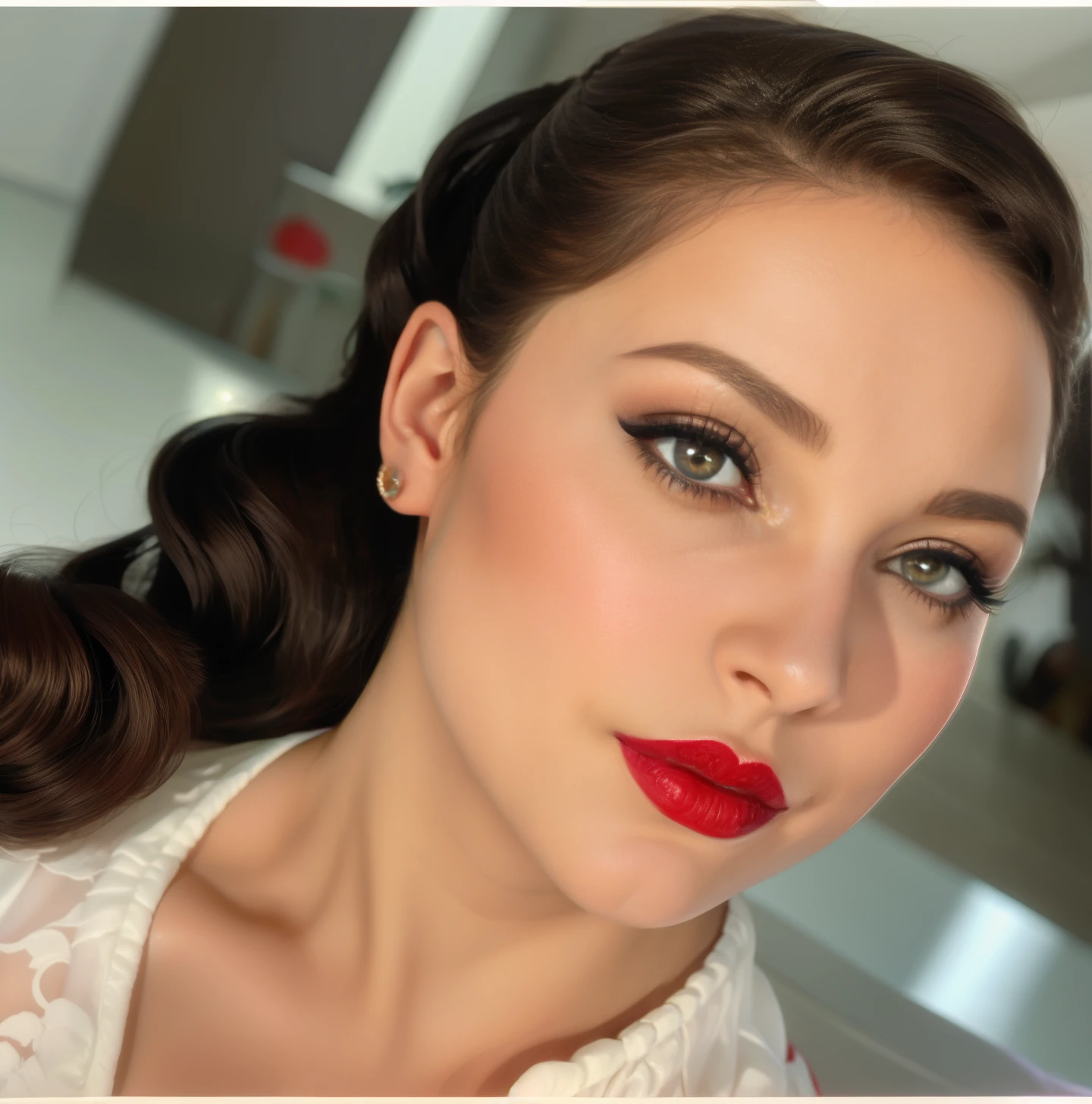 um close up de uma mulher com um batom vermelho e uma camisa branca, com maquiagem profissional, rosto sexy com maquiagem completa, em maquiagem profissional, olhar sensual, maquiagem grossa e extravagante, inspired by Lili Árkayné Sztehló, inspired by Gina Pellón, wide golden eyes and red lips, Batom vermelho no rosto, estilo de maquiagem pop, maquiagem profissional