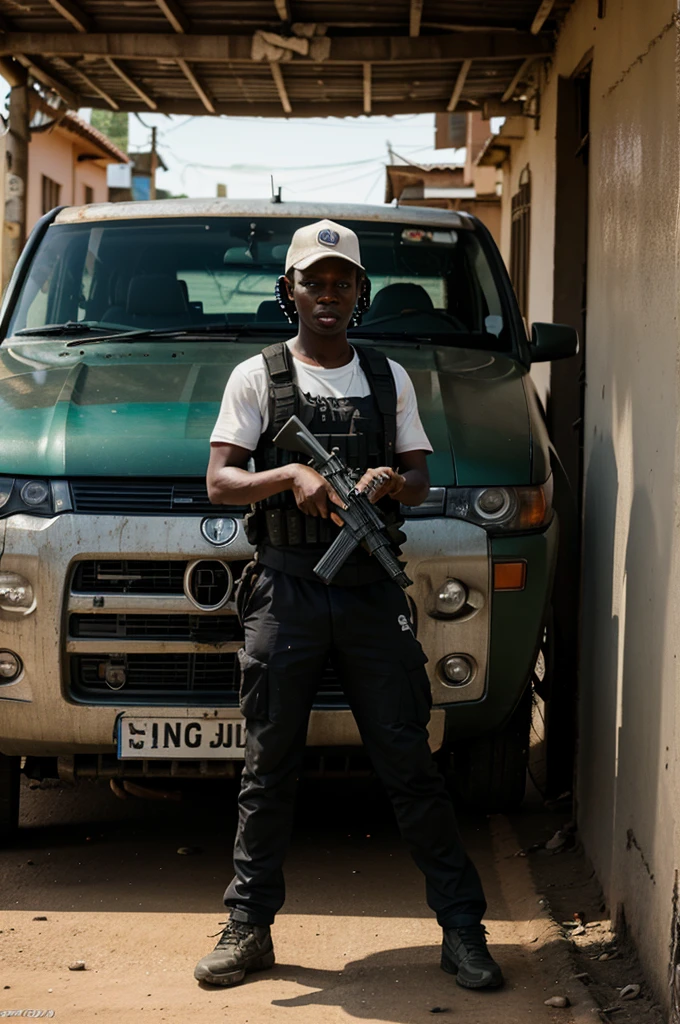 Airsoft player in the style of Grand Theft Auto from Malawi, standing close a car in Malawi city, let the background be like Malawi