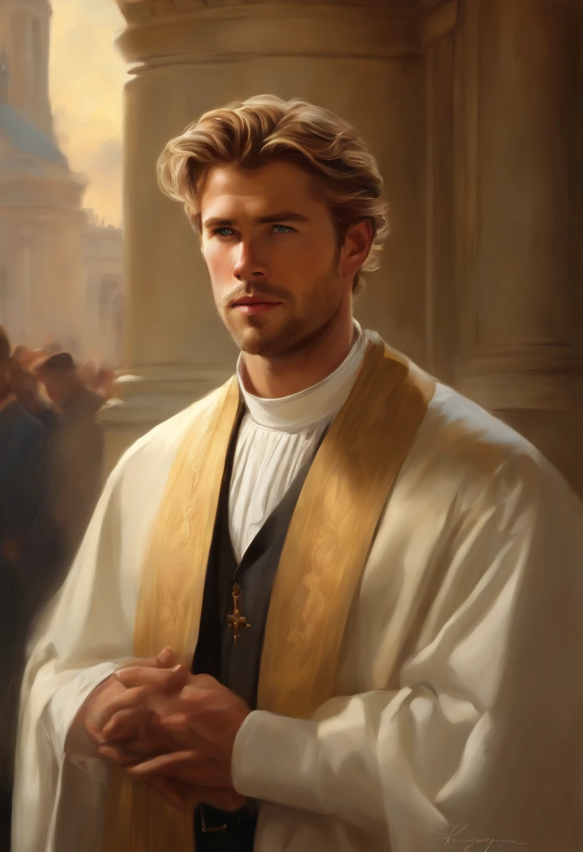 Painting of a Man, handsome and masculine, ((with long, falling over his shoulders)) ((with the cassock of a Victorian Era Priest)), ((Priest, from the Victorian Era)), (( a Priest)), ( (Chris Hemsworth style)), in the background of a Spanish church, Bowater art style, Baroque digital painting, Renaissance digital painting, masterpiece! inspired by Franz Xaver Winterhalter, inspired by Friedrich von Amerling, beautiful character painting, beautiful digital painting, inspired by Thomas Lawrence, beautiful yywater painting, refraction, reflections, mirrors, prisms, sunlight, bright lights!! Complex, elegant, highly detailed digital painting, art station, concept art, sharp and soft focus, illustration, art by ( ( ( ( Artgerm ) ) ) ) and ( Greg Rutkowski )! and (((Alphonse Mucha))), looking at the camera, eyes reflecting in infinity