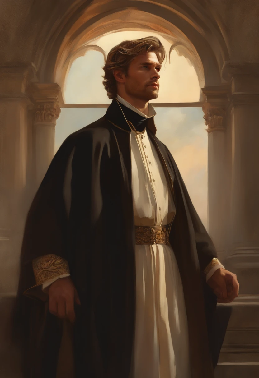 Painting of a Man, handsome and masculine, ((with long, falling over his shoulders)) ((with the cassock of a Victorian Era Priest)), ((Priest, from the Victorian Era)), (( a Priest)), ( (Chris Hemsworth style)), in the background of a Spanish church, Bowater art style, Baroque digital painting, Renaissance digital painting, masterpiece! inspired by Franz Xaver Winterhalter, inspired by Friedrich von Amerling, beautiful character painting, beautiful digital painting, inspired by Thomas Lawrence, beautiful yywater painting, refraction, reflections, mirrors, prisms, sunlight, bright lights!! Complex, elegant, highly detailed digital painting, art station, concept art, sharp and soft focus, illustration, art by ( ( ( ( Artgerm ) ) ) ) and ( Greg Rutkowski )! and (((Alphonse Mucha))), looking at the camera, eyes reflecting in infinity