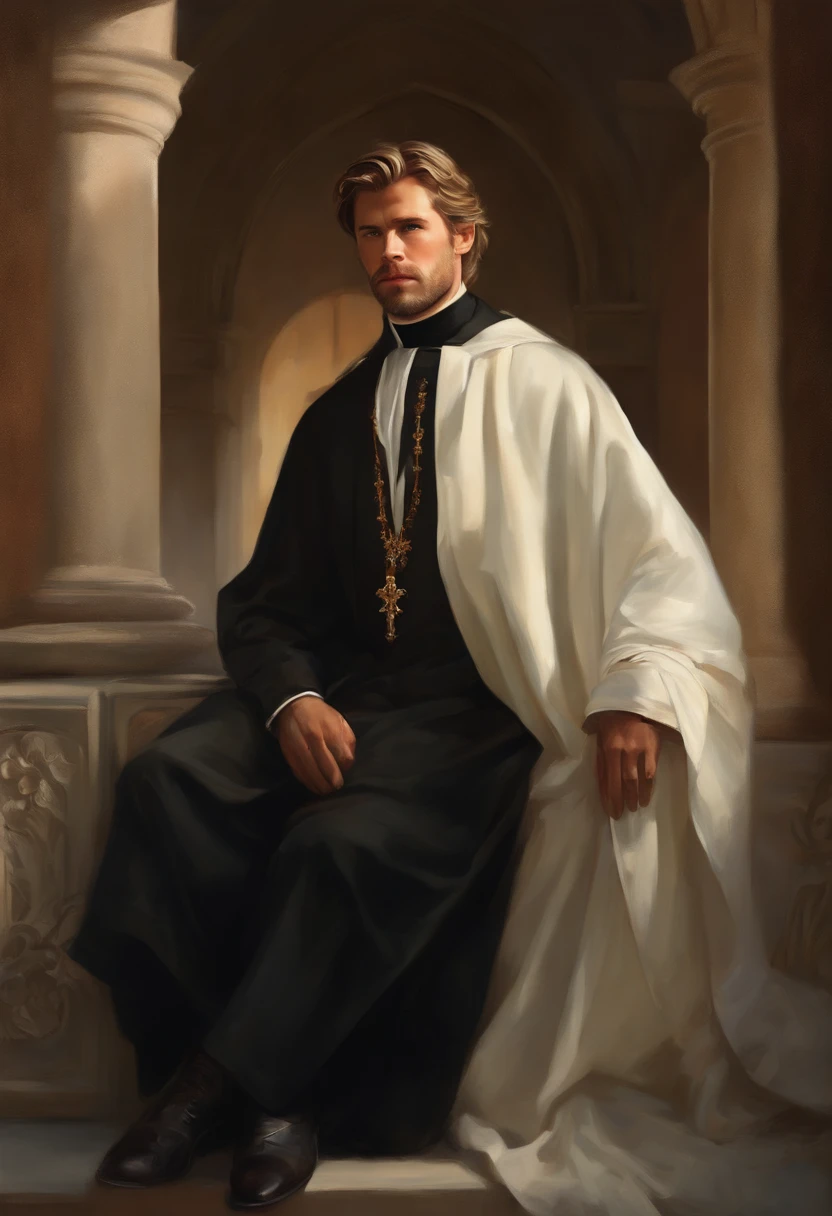 Painting of a Man, handsome and masculine, ((with long, falling over his shoulders)) ((with the cassock of a Victorian Era Priest)), ((Priest, from the Victorian Era)), (( a Priest)), ( (Chris Hemsworth style)), in the background of a Spanish church, Bowater art style, Baroque digital painting, Renaissance digital painting, masterpiece! inspired by Franz Xaver Winterhalter, inspired by Friedrich von Amerling, beautiful character painting, beautiful digital painting, inspired by Thomas Lawrence, beautiful yywater painting, refraction, reflections, mirrors, prisms, sunlight, bright lights!! Complex, elegant, highly detailed digital painting, art station, concept art, sharp and soft focus, illustration, art by ( ( ( ( Artgerm ) ) ) ) and ( Greg Rutkowski )! and (((Alphonse Mucha))), looking at the camera, eyes reflecting in infinity