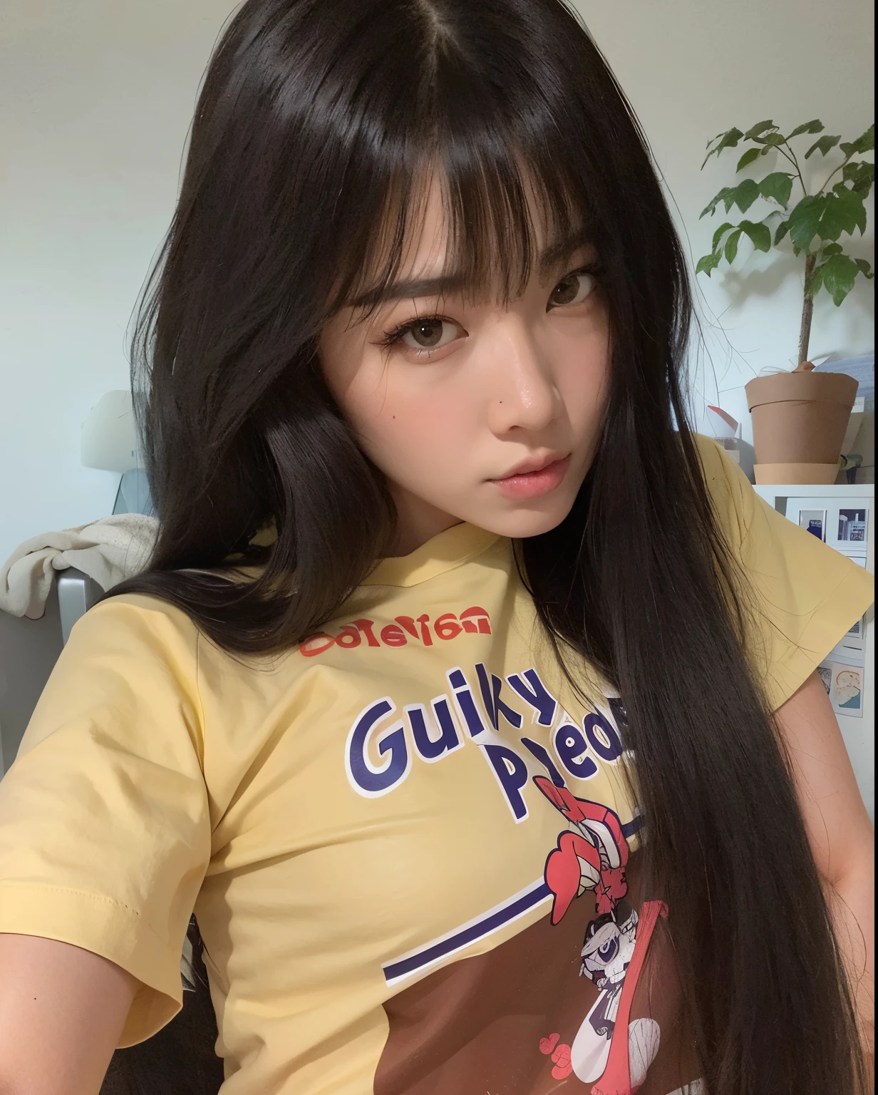 there is a woman with long hair wearing a yellow shirt, Ulzzang, cabelo arrumado com franja, cabelos longos com franja, Ela tem cabelo preto com franja, cabelo comprido com franja completa, com franja completa, Franja reta longa, franja fofa, 🤤 retrato da menina, com franja, franja reta, cabelos escuros longos com franja, menina coreana, cruel korean goth girl