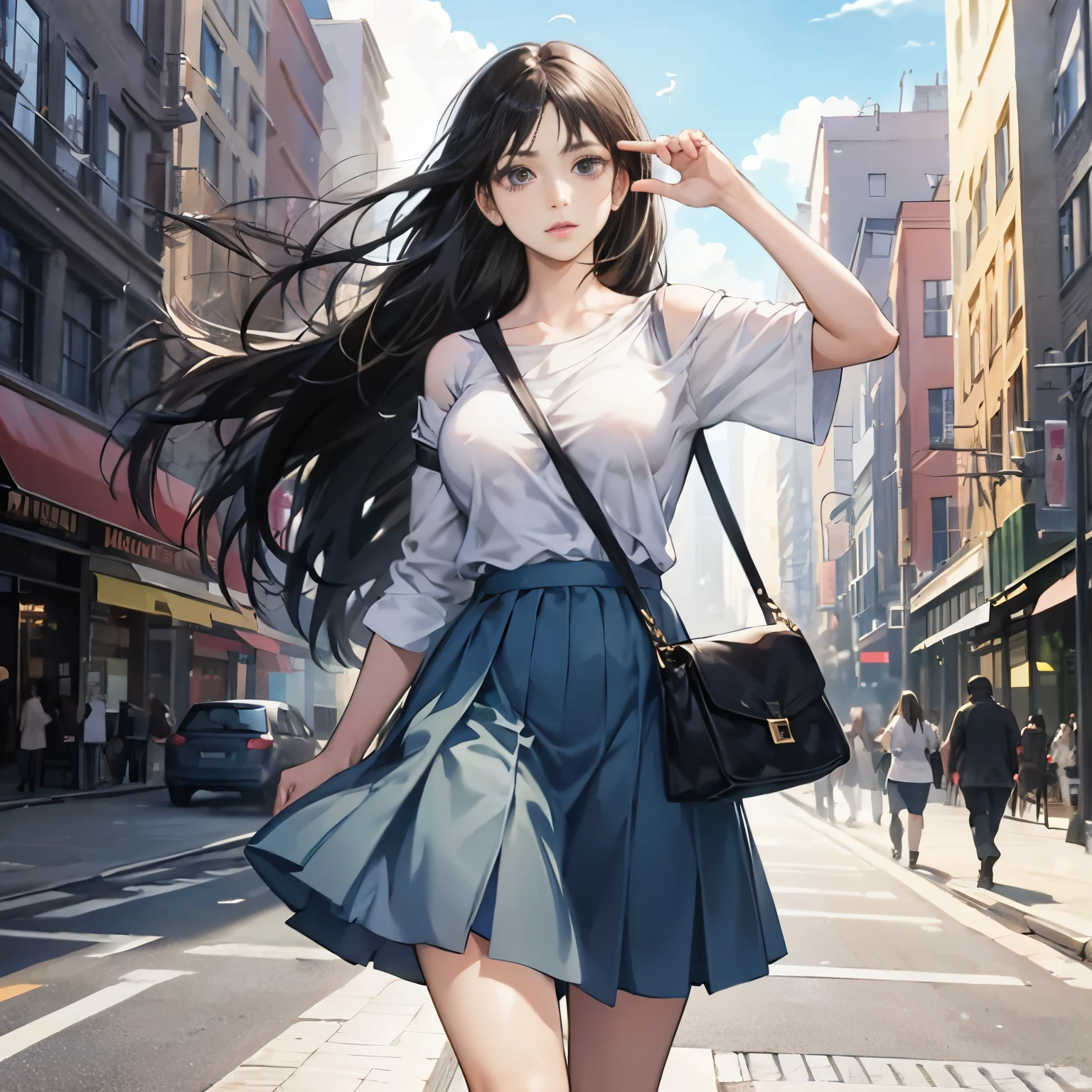 1 girl,A girl whose chest is emphasized by wearing a shoulder bag Kurodi,Long black hair fluttering in the wind,Embarrassed look,tre anatomically correct,Precise fingers,Slender but big breasts,thin and beautiful legs,knit shirt,Long skirt fluttering in the wind,Hang your shoulder bag diagonally to emphasize your chest.,photorealisim,​masterpiece,In the city,