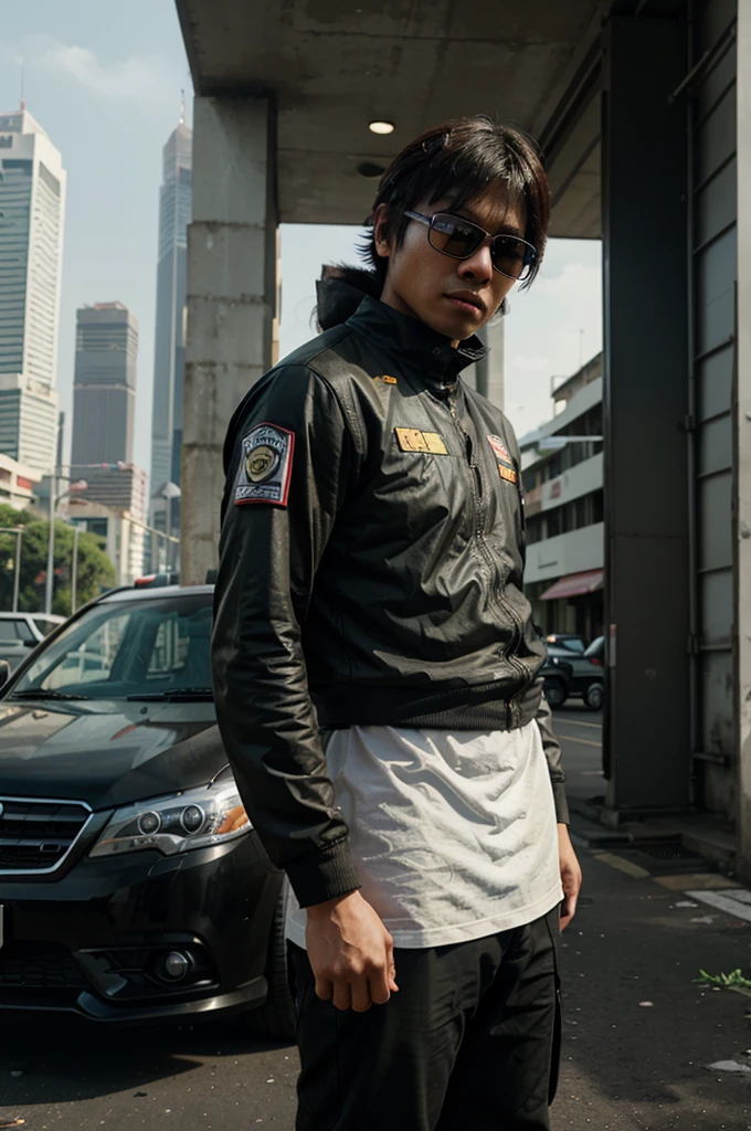 Airsoft player in the style of Grand Theft Auto from Malaysia, standing close a car in Malaysia city, let the background be like Malaysia