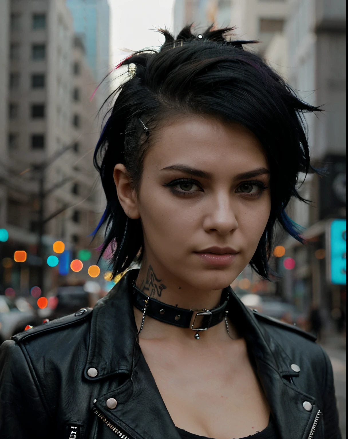 arafed woman with a spiked mohawk and leather jacket, the cyberpunk girl portrait, beautiful cyberpunk girl face, detailed punk hair, punk hairstyle, beautiful female punk, portrait big dark punk, beautiful cyberpunk woman model, sharp looking portrait, cyberpunk portrait, high quality portrait, cyberpunk style color, jet black haired cyberpunk girl, cyberpunk beautiful girl, punk woman, mohawk hairstyle, close up of face, looking straight at camera,