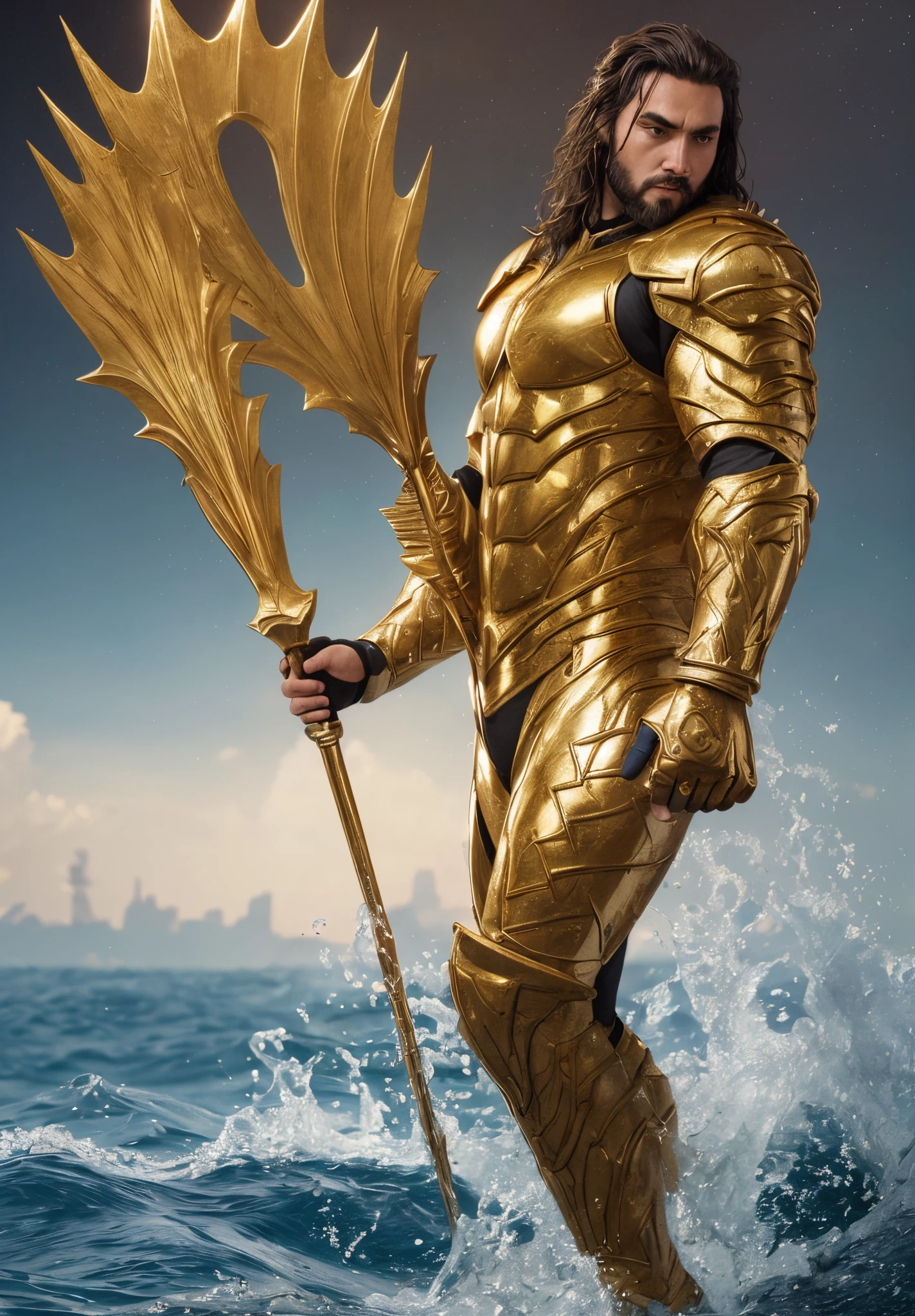 (corpo inteiro, (dynamic pose), action pose), (Rim lighting, studio lighting, lua distante, Noite, Flor do Fundo do oceano), (cinemactic, best quality, master part, texturas ultra HD, altamente detalhado , hyper realistic, detalhes intrincados, 8k, Fotorrealista, arte conceitual, pintura Fosca, Autodesk Mayray rendering, ray tracing, HDR), (DSLR, quadro completo, 16mm focal length, F/Abertura 8, dynamic perspective, Dynamic angle , proportion Aurea, proportion Aurea, FotograFia ampla, wide field of view, proFundidade de campo, Reduzir) Techwear, samurai urbano 3d, Aquatic hero, Aquaman realista segurando um tridente dourado.