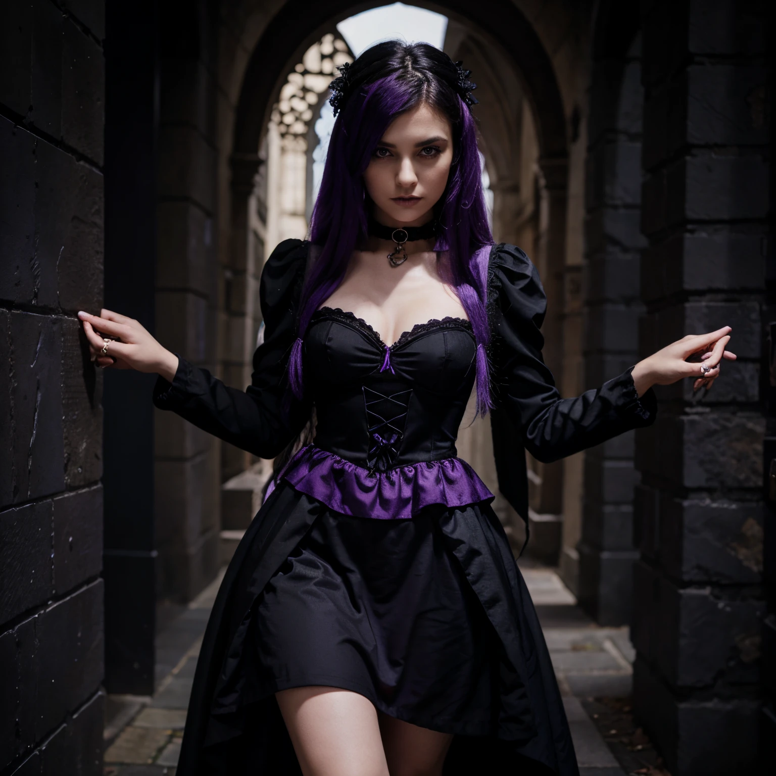 gothic black and purple dress full body girl