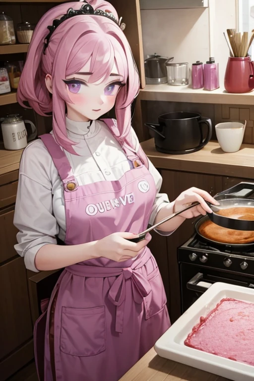 A pink haired queen with violet eyes is baking a soup