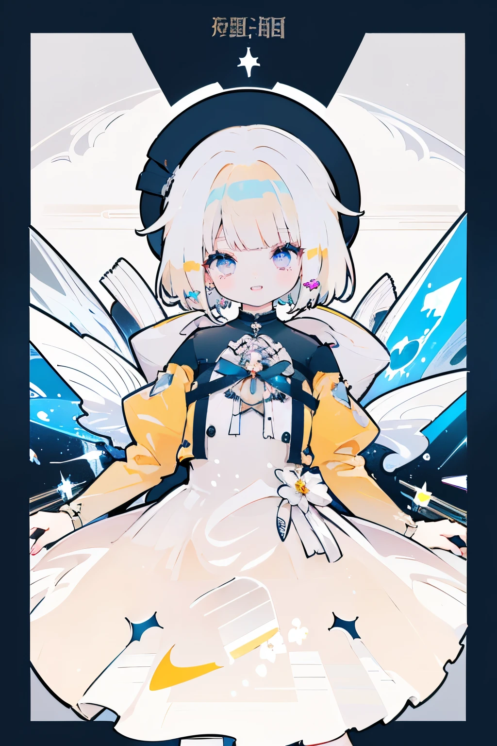 white colored hair, Short hair, amber eyes, Smile, grin, facade, Cute little, ahoge, Crystal hair, Long tongue,  (Lolita Dress、detailed dress、Cute little、fluffy dress、)、the anime、rainbows、style of、 (flat), negative space