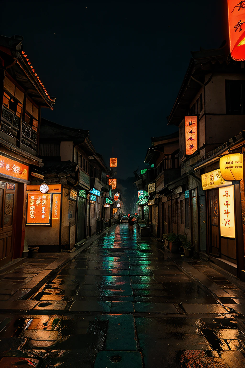 Scenery in ancient China with neon lights