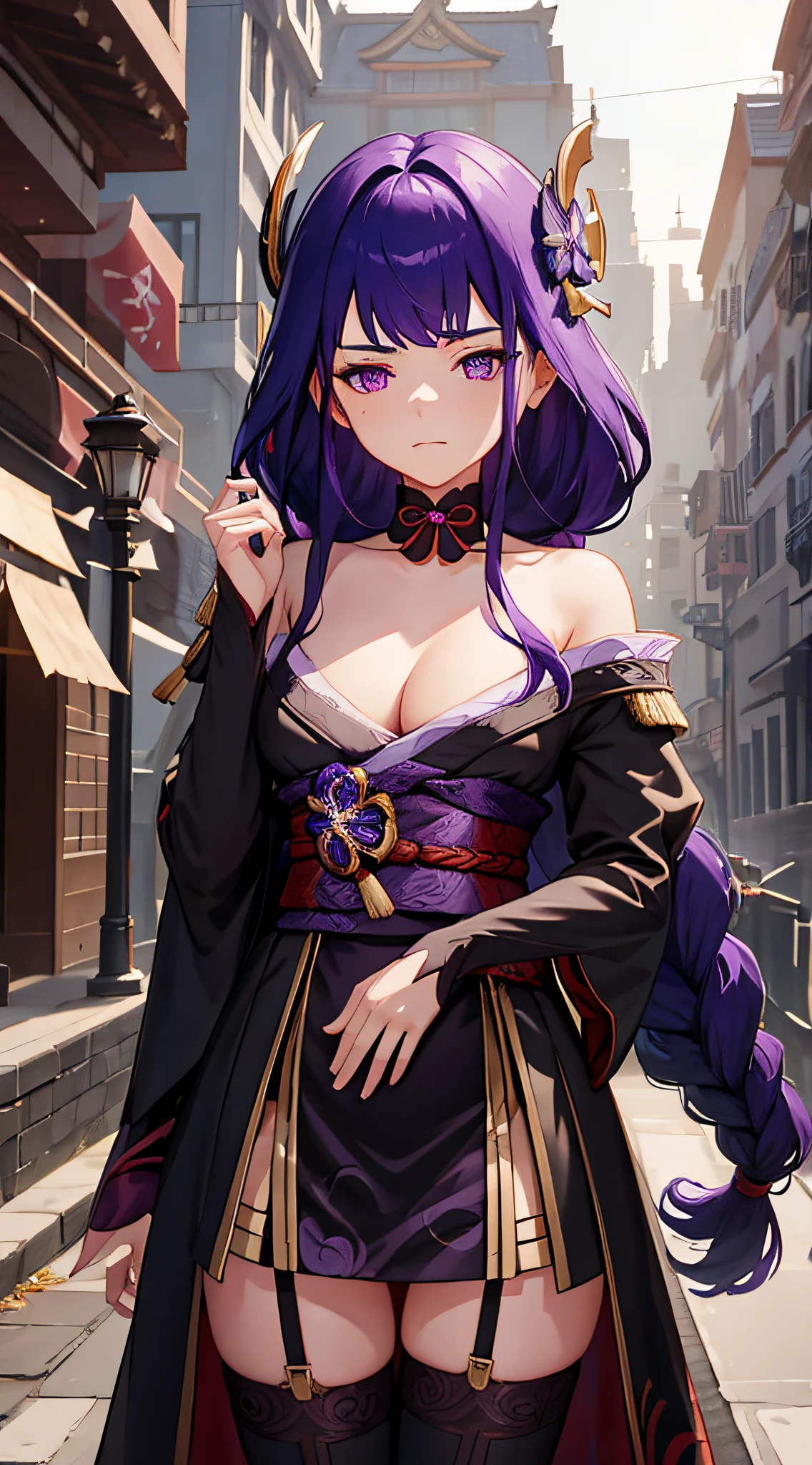 Shogun, 1girl, solamente, Cabello largo, gabardina negra, Mirando al espectador, adorno para el cabello, muslosaltos, mangas largas, cinta, tenencia, escote, boca cerrada, purple eyes, purple hair, trenza, Flor, mangas anchas, Sosteniendo un arma, armadura, topo, Borrosa, sash, lunar debajo del ojo, Sosteniendo la espada, Obi, Armadura de hombro, borla, Guanteletes nupciales, escalera, Purple Flower, vision (Impacto de Genshin), Obijime, Tomoe (simbol), Obiage, mitsudomoe (forma),