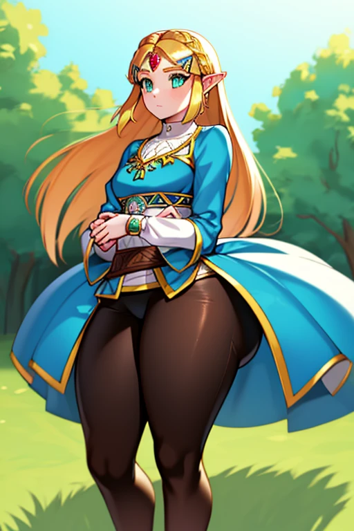 princess zelda, 1girl, bangs, blonde hair, breasts, bridal gauntlets, closed mouth, expressionless, from side, green eyes, highres, jewelry, long hair, long sleeves, nintendo, outdoors, own hands together, pointy ears, ring, small breasts, solo, standing, the legend of zelda, tree, triforce print, blue shirt and black pants, (bottom heavy:1.9)