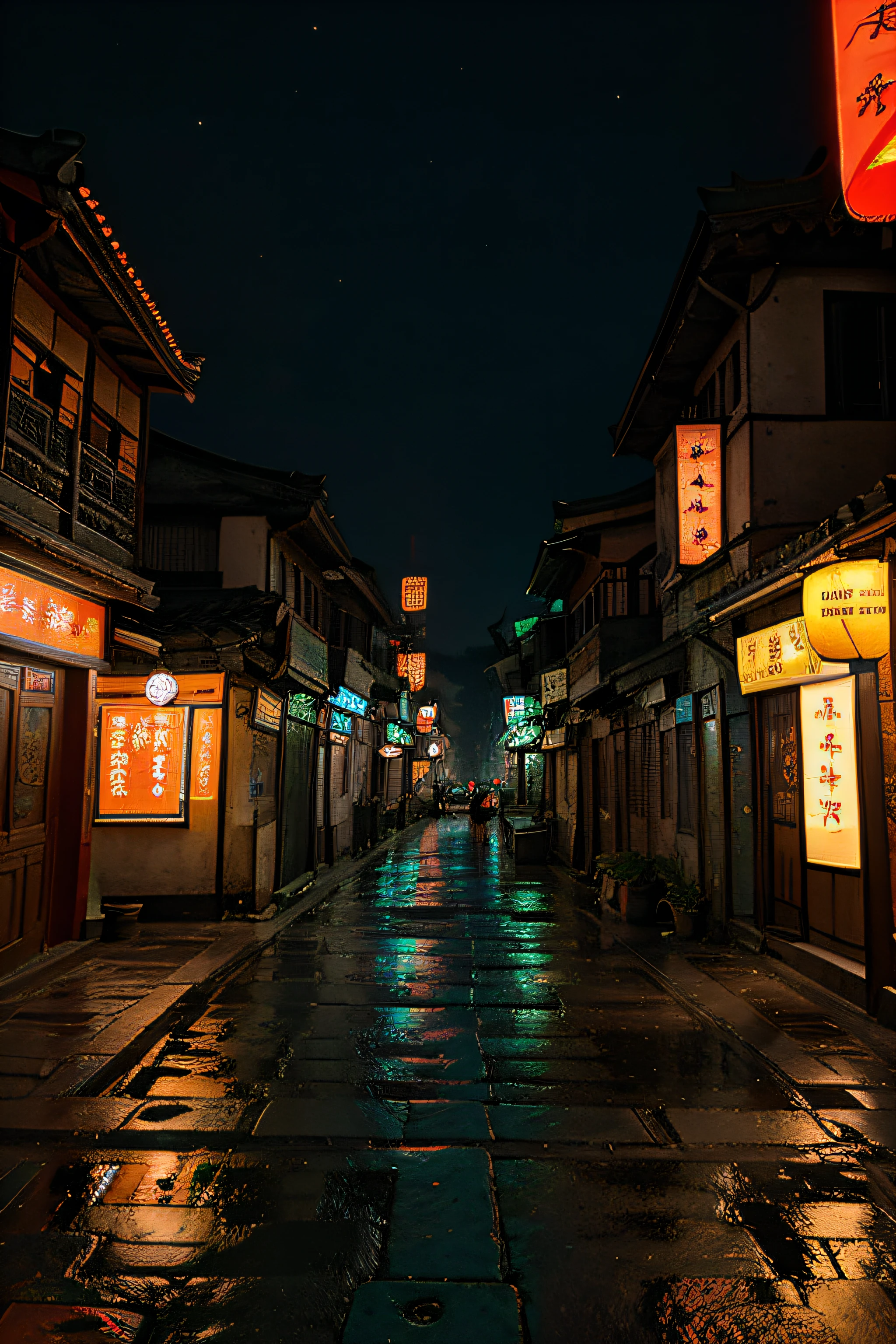 Scenery in ancient China with neon lights